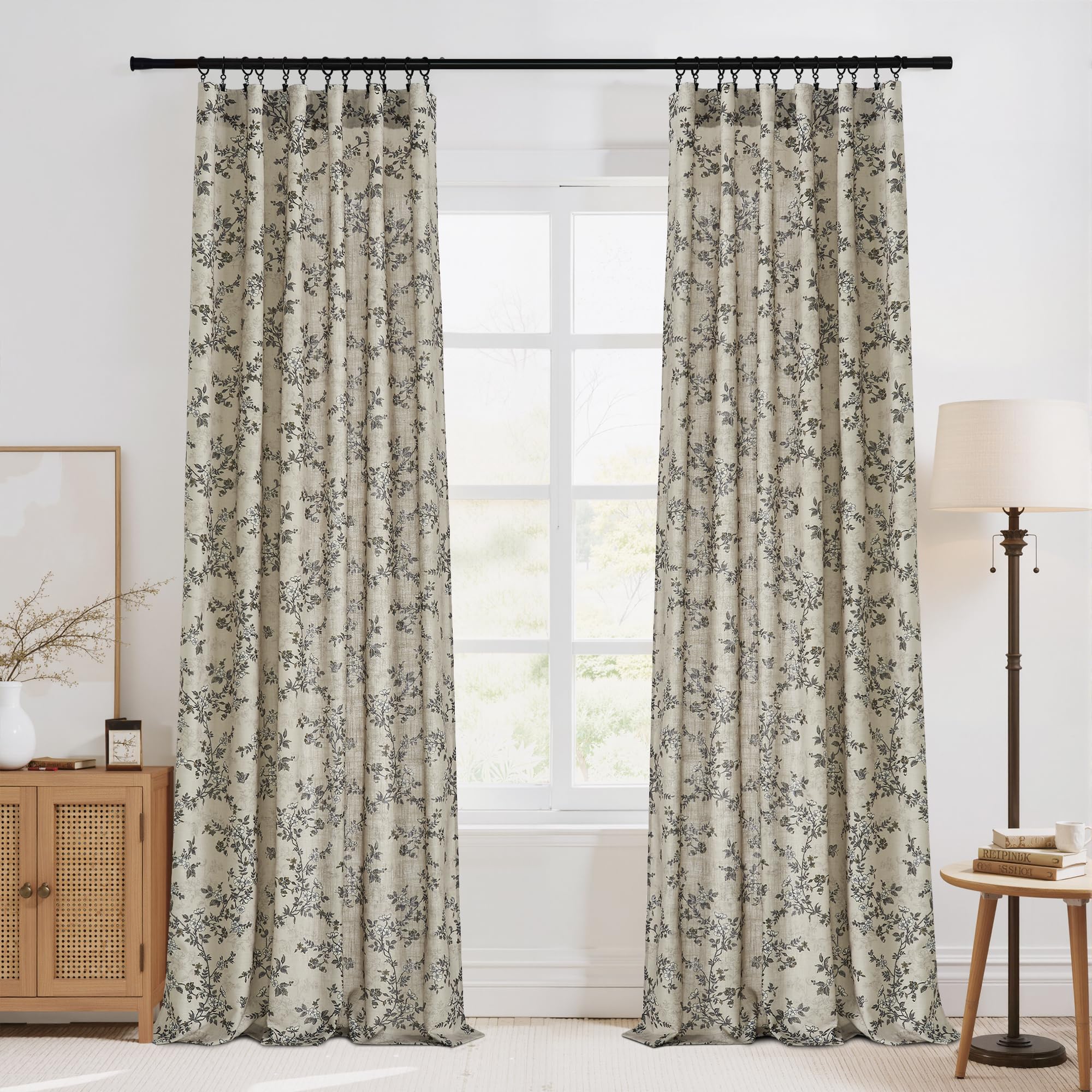 StangH Extra Long Vintage Curtains 108 Inch Long, Butterfly Pattern Linen Blend Drapes, Moody Retro Botanical Light Filtering Window Curtains for Living Room, Khaki, W52 x L108, 2 Panels