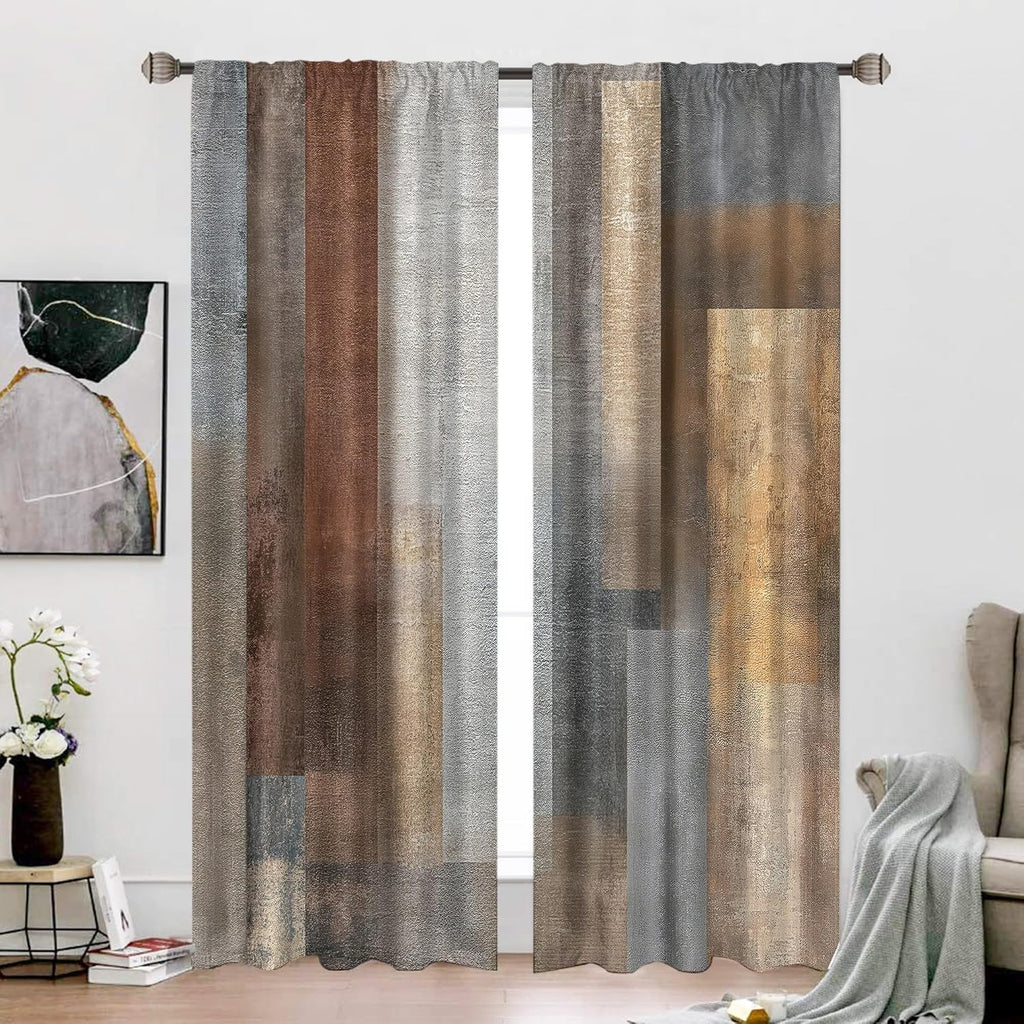 Abstract Brown Grey Curtains 52Wx84H Inch Rod Pocket Rustic Vintage Geometric Blocks Farmhouse Modern Minimalist Art Printed Simple Living Room Bedroom Window Drapes Treatment 2 Panels