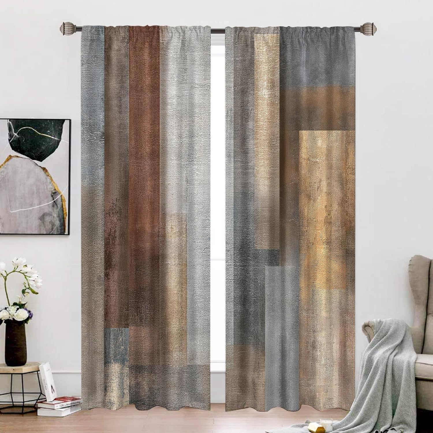 Abstract Brown Grey Curtains 52Wx84H Inch Rod Pocket Rustic Vintage Geometric Blocks Farmhouse Modern Minimalist Art Printed Simple Living Room Bedroom Window Drapes Treatment 2 Panels