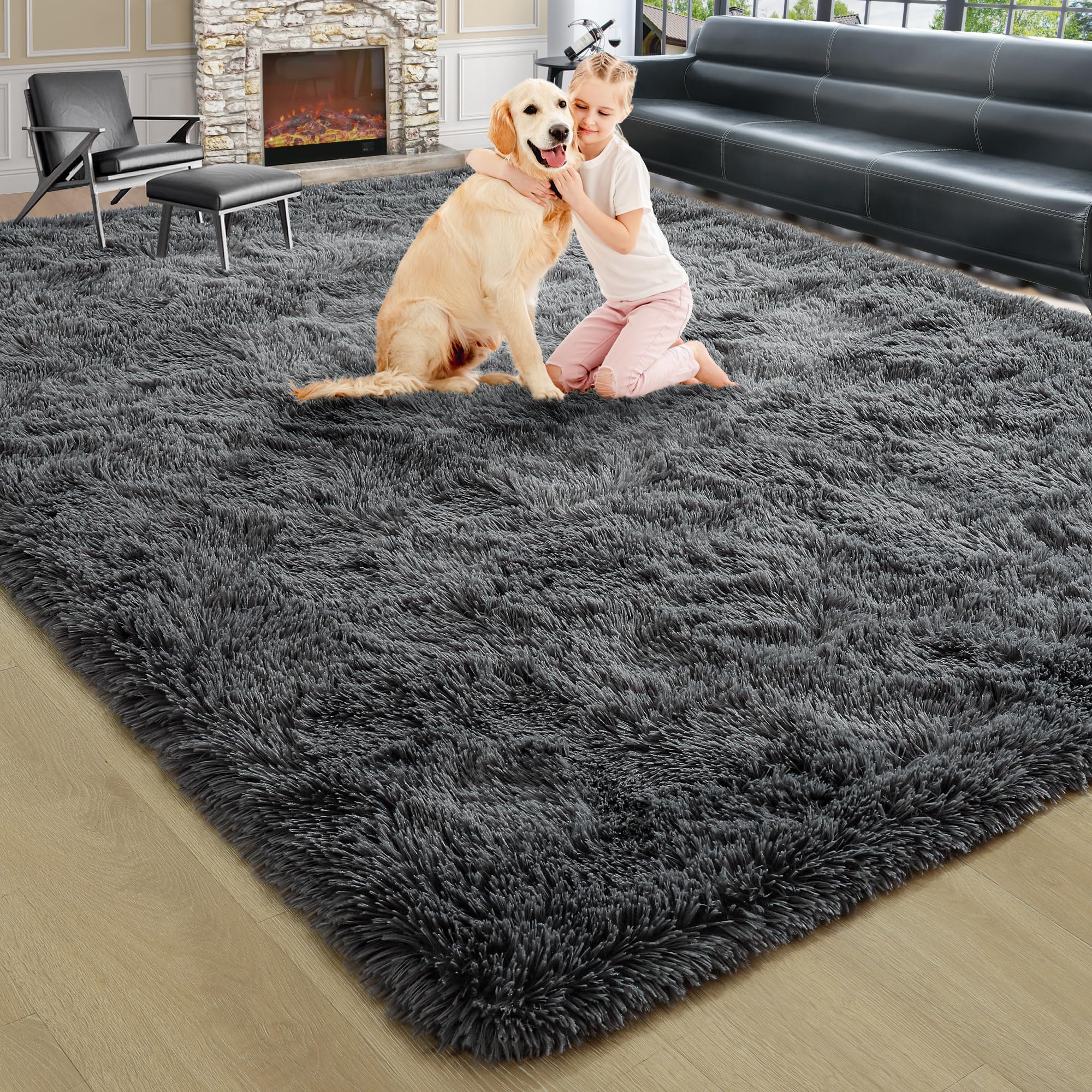 8x10 Extra Large Green Area Rug for Living Room Bedroom Dining Room, Fluffy Shag Soft Plush Furry Carpet Solid Color, Non-Slip Indoor Floor Mat for Kids Home Decor