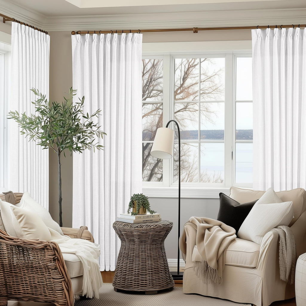 90 Inch Pinch Pleated Linen Curtains 2 Panel Set for Living Room Cream Natural Thick Linen Textured Drapes 90 Inches Long Pinch Pleat Drapes Birch Ivory Semi Sheer Curtain for Dining Bedroom Office