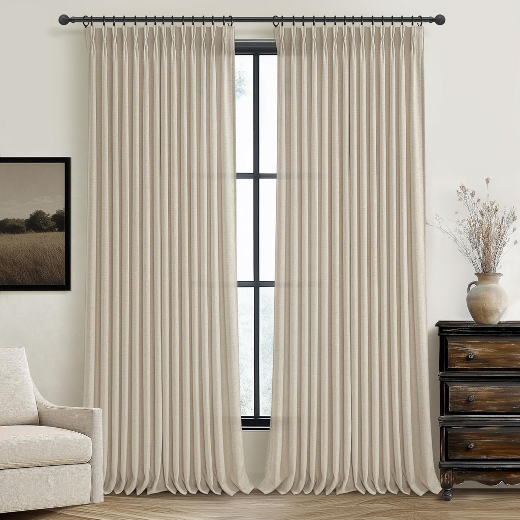 PleatedDrapes 96 Inch Curtains 2 Panel Set, Modern Linen Pleat Back Tab Dining Room Window Curtains Light Filtering Aesthetic Semi Sheer Living Room Drapes with Hooks Ring Cream Oatmeal W40 x L96