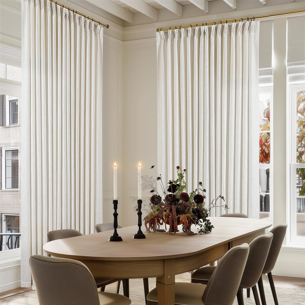 90 Inch Pinch Pleated Linen Curtains 2 Panel Set for Living Room Cream Natural Thick Linen Textured Drapes 90 Inches Long Pinch Pleat Drapes Birch Ivory Semi Sheer Curtain for Dining Bedroom Office