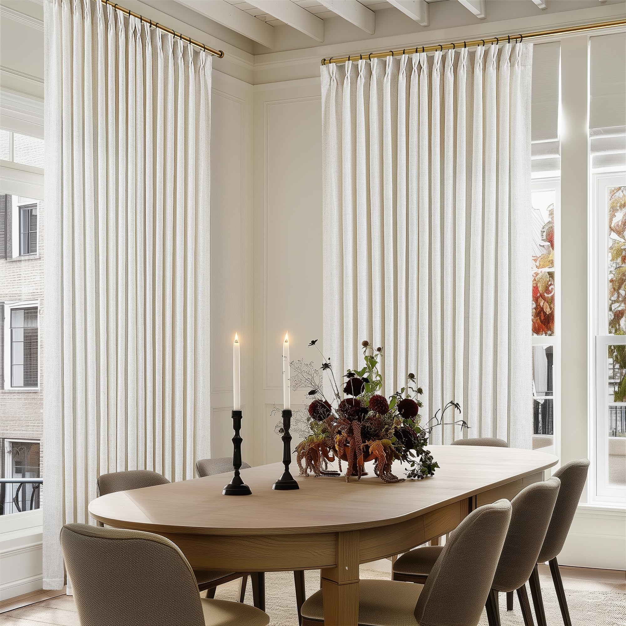 90 Inch Pinch Pleated Linen Curtains 2 Panel Set for Living Room Cream Natural Thick Linen Textured Drapes 90 Inches Long Pinch Pleat Drapes Birch Ivory Semi Sheer Curtain for Dining Bedroom Office