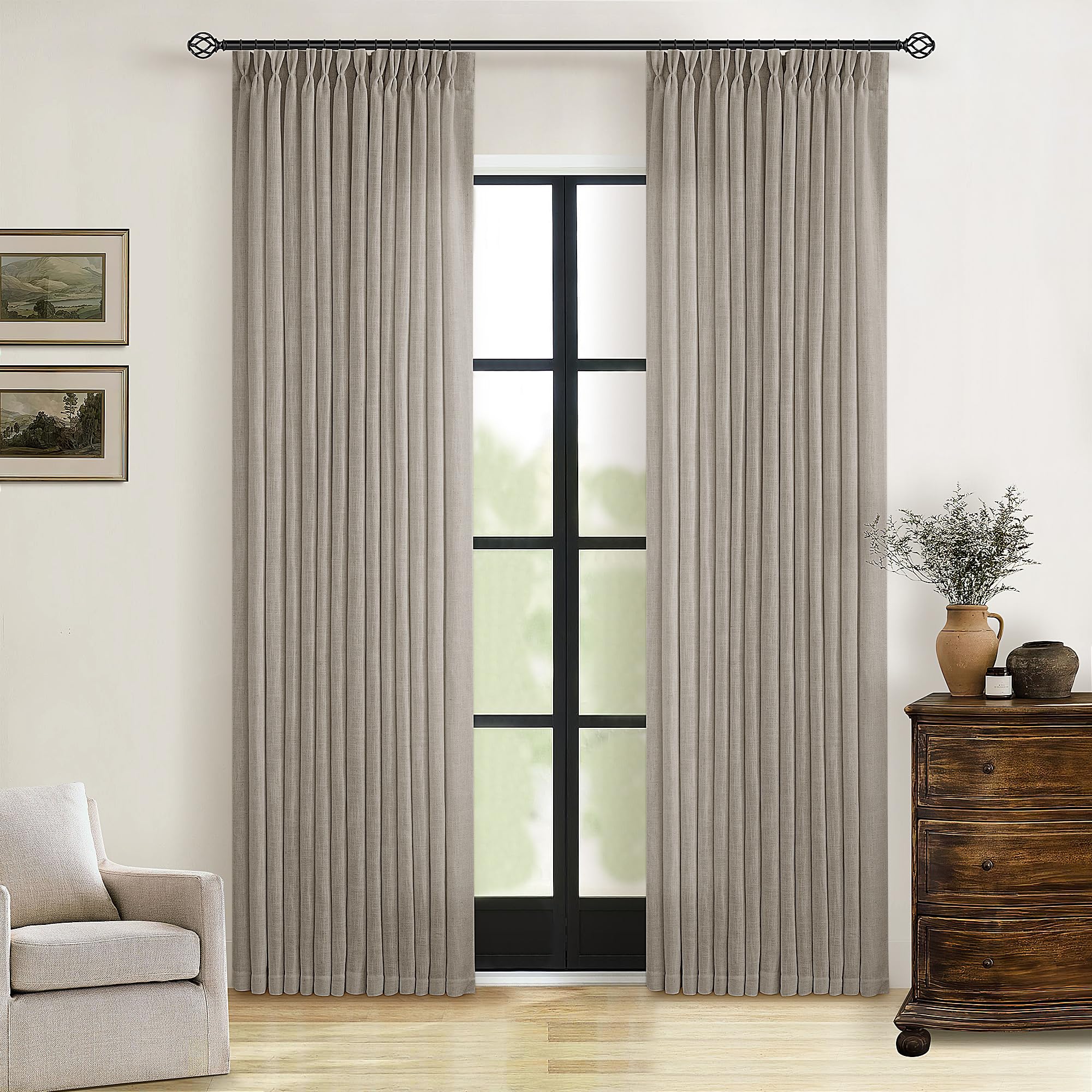 90 Inch Pinch Pleated Linen Curtains 2 Panel Set for Living Room Cream Natural Thick Linen Textured Drapes 90 Inches Long Pinch Pleat Drapes Birch Ivory Semi Sheer Curtain for Dining Bedroom Office