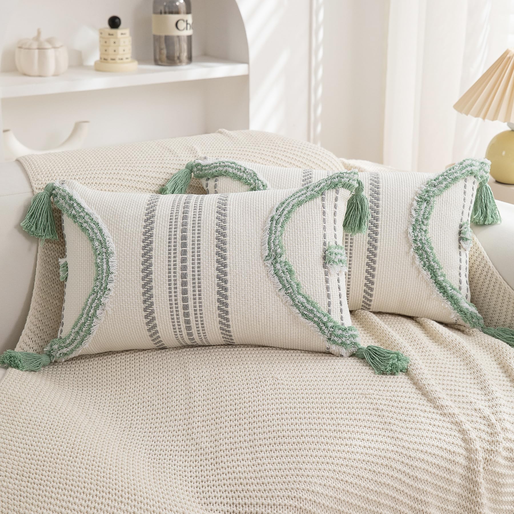 2-Pack 18×18" Beige Boho Tufted Pillow Covers with Tassels, Woven Cotton Decor Cases for Sofa & Bed