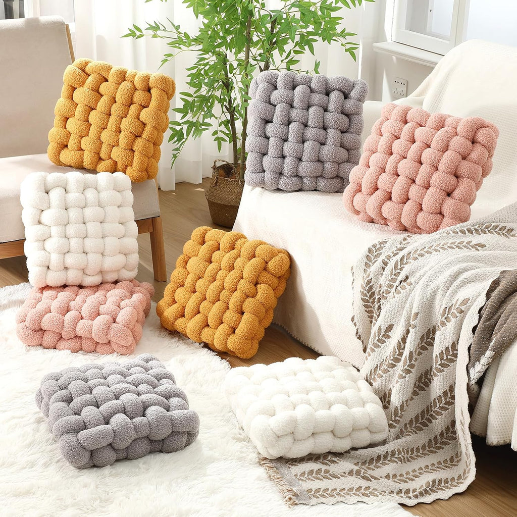 Wenqik 2 Pcs Knot Pillows Square Knotted Plush Throws Soft Accent Pillows Decoration Cushion for Couch Home Office Living Room Bedroom Bed Sofa Decor, 12'' x 13''(Cream White,Lambswool)