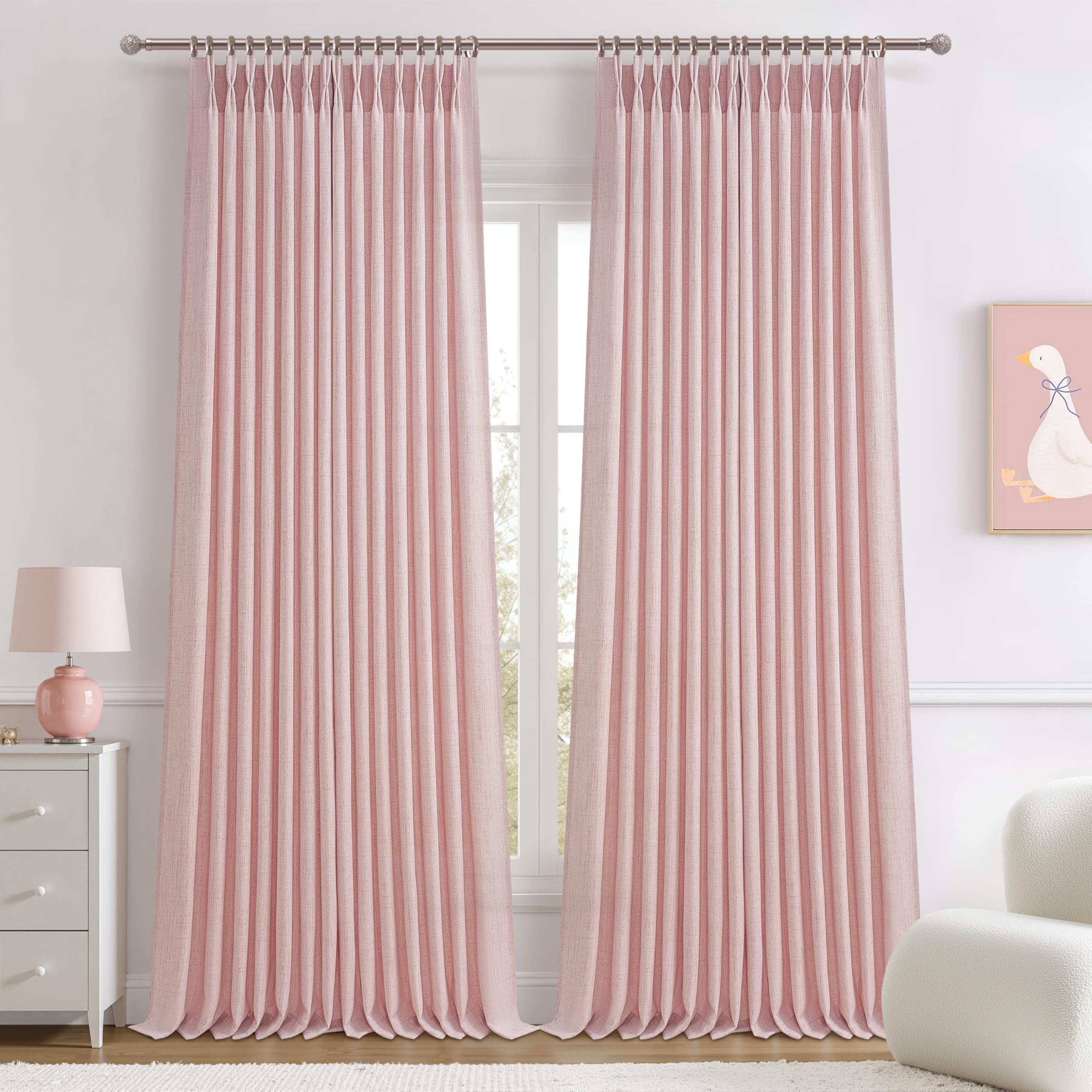 PleatedDrapes 96 Inch Curtains 2 Panel Set, Modern Linen Pleat Back Tab Dining Room Window Curtains Light Filtering Aesthetic Semi Sheer Living Room Drapes with Hooks Ring Cream Oatmeal W40 x L96