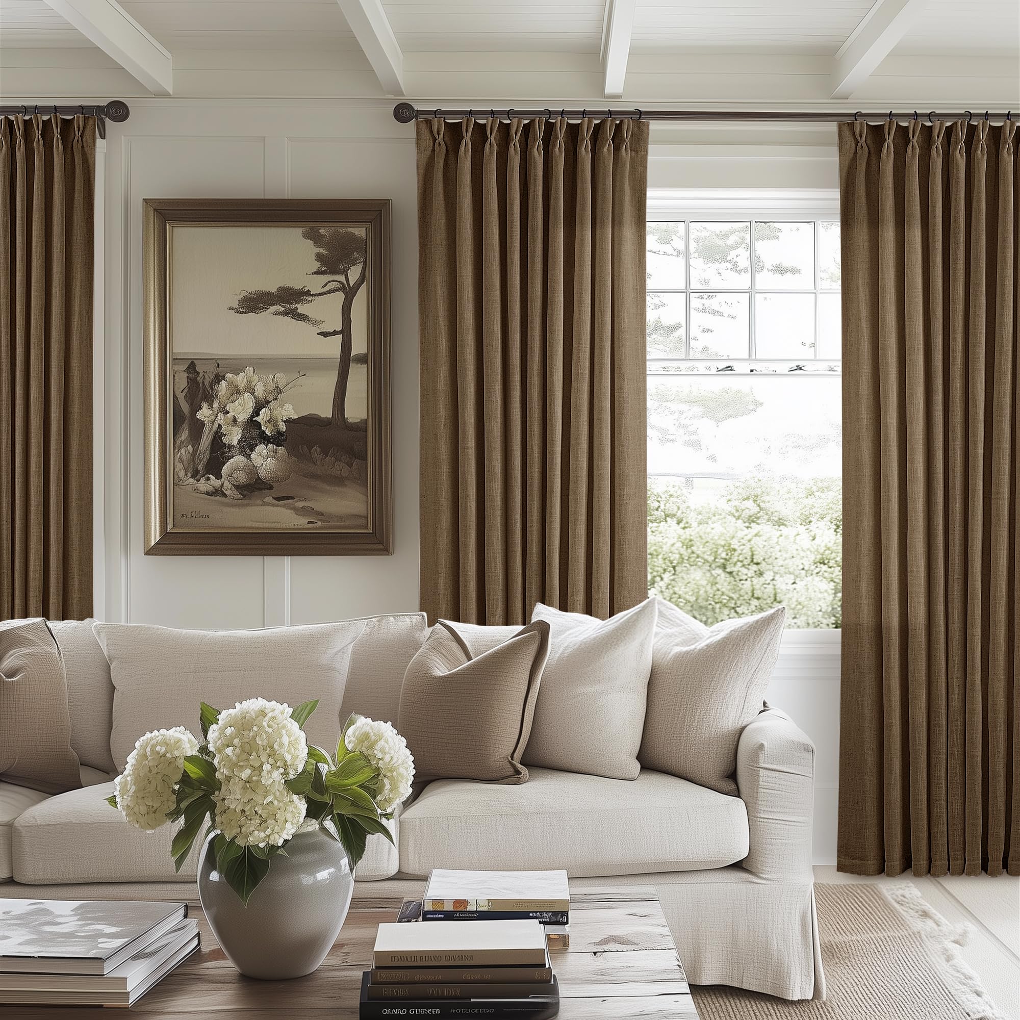 90 Inch Pinch Pleated Linen Curtains 2 Panel Set for Living Room Cream Natural Thick Linen Textured Drapes 90 Inches Long Pinch Pleat Drapes Birch Ivory Semi Sheer Curtain for Dining Bedroom Office
