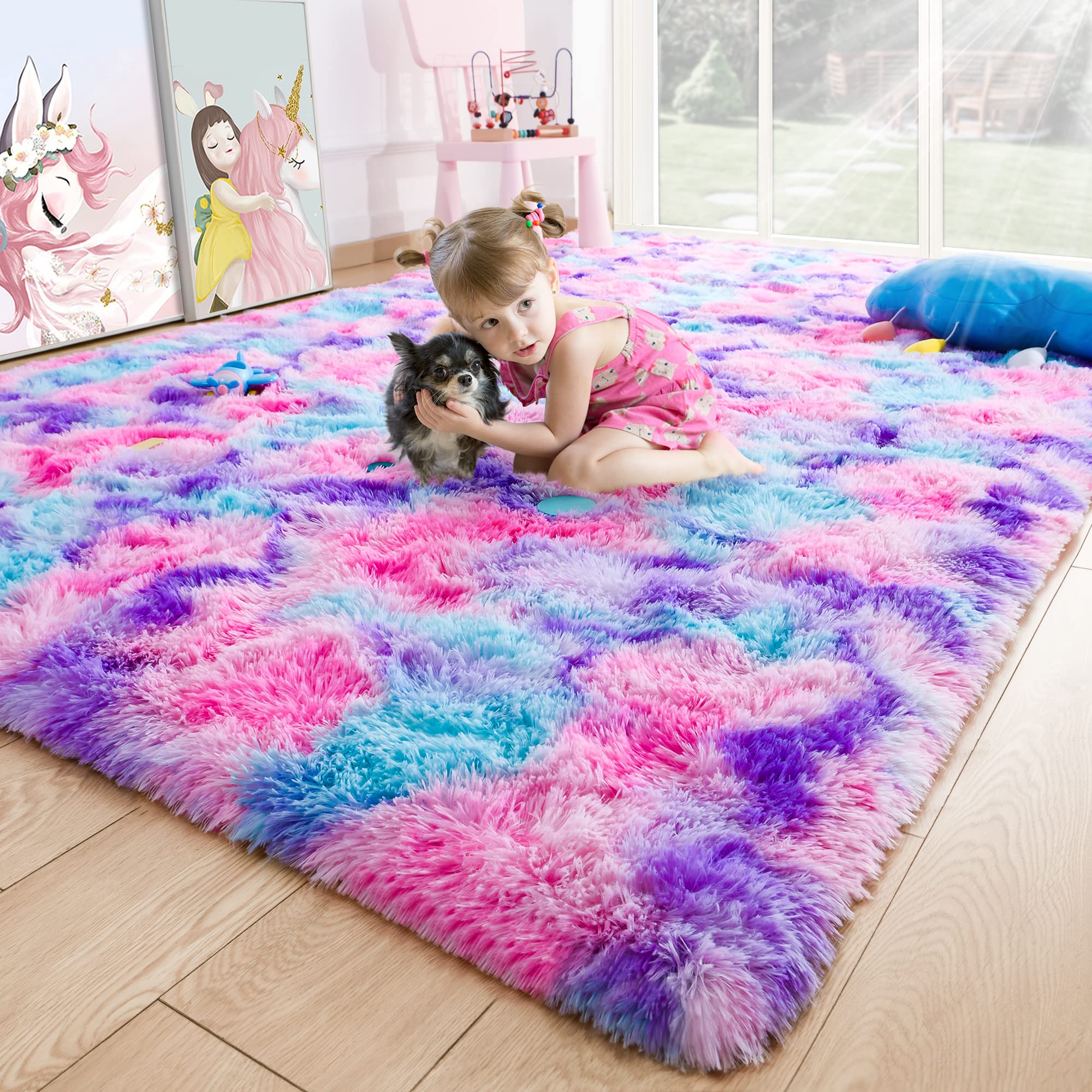 8x10 Extra Large Green Area Rug for Living Room Bedroom Dining Room, Fluffy Shag Soft Plush Furry Carpet Solid Color, Non-Slip Indoor Floor Mat for Kids Home Decor