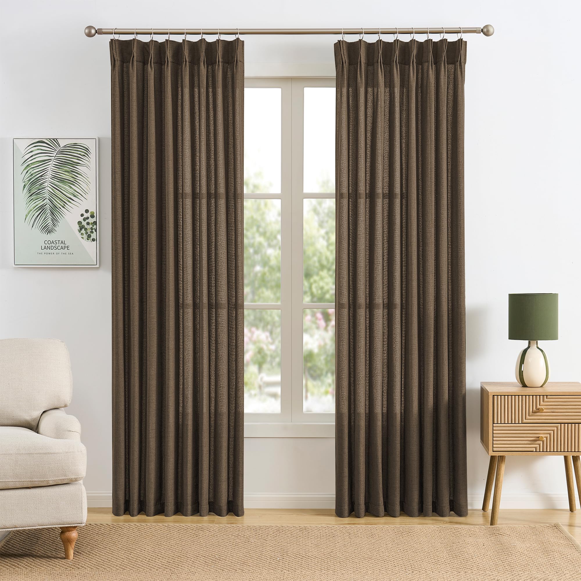 RAIN CITY 102 Inch Curtains Pinch Pleated 2 Panels Set, Back Tab with Hooks Semi Sheer Linen Curtains for Living Room Primitive Window Drapes for Sliding Door Sand Beach Decor 42 Each Wide