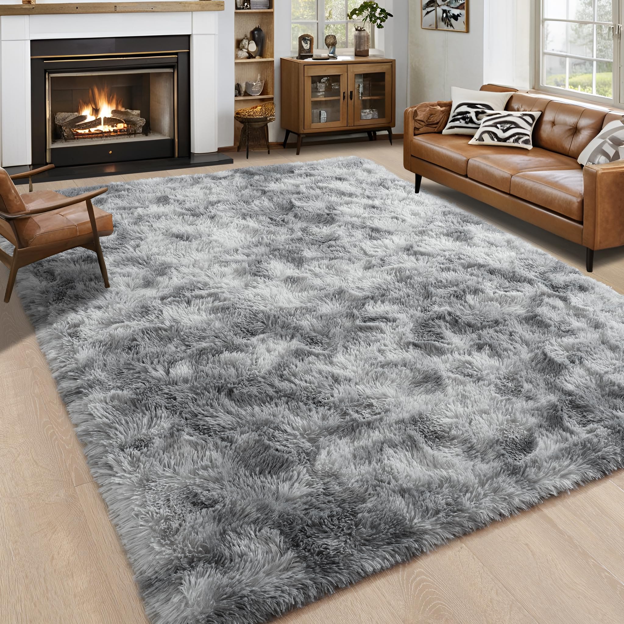 8x10 Extra Large Green Area Rug for Living Room Bedroom Dining Room, Fluffy Shag Soft Plush Furry Carpet Solid Color, Non-Slip Indoor Floor Mat for Kids Home Decor