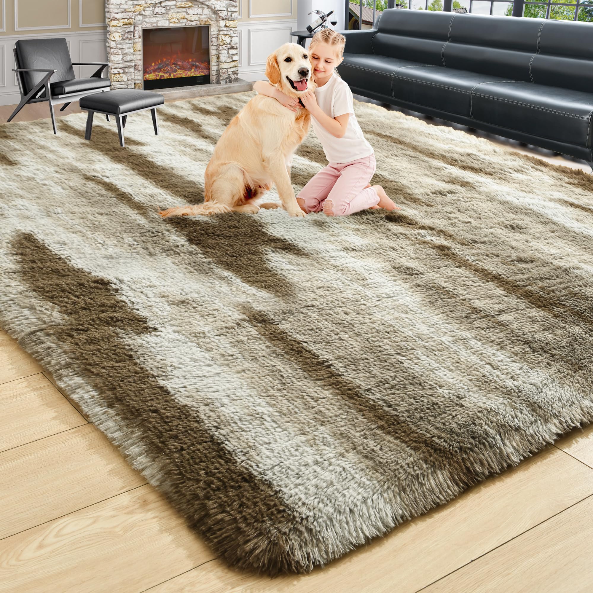 8x10 Extra Large Green Area Rug for Living Room Bedroom Dining Room, Fluffy Shag Soft Plush Furry Carpet Solid Color, Non-Slip Indoor Floor Mat for Kids Home Decor