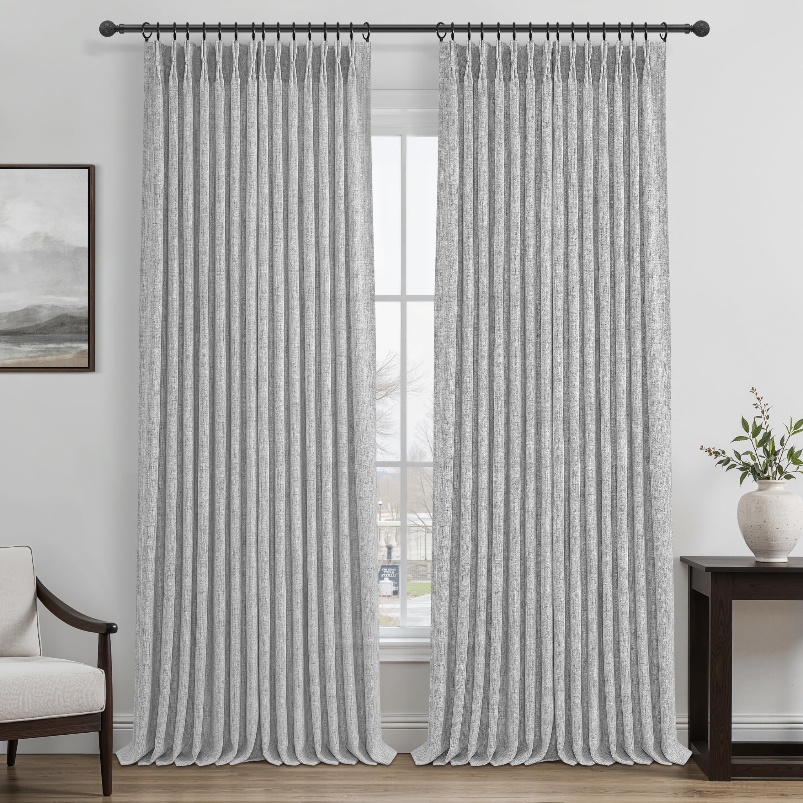 PleatedDrapes 96 Inch Curtains 2 Panel Set, Modern Linen Pleat Back Tab Dining Room Window Curtains Light Filtering Aesthetic Semi Sheer Living Room Drapes with Hooks Ring Cream Oatmeal W40 x L96