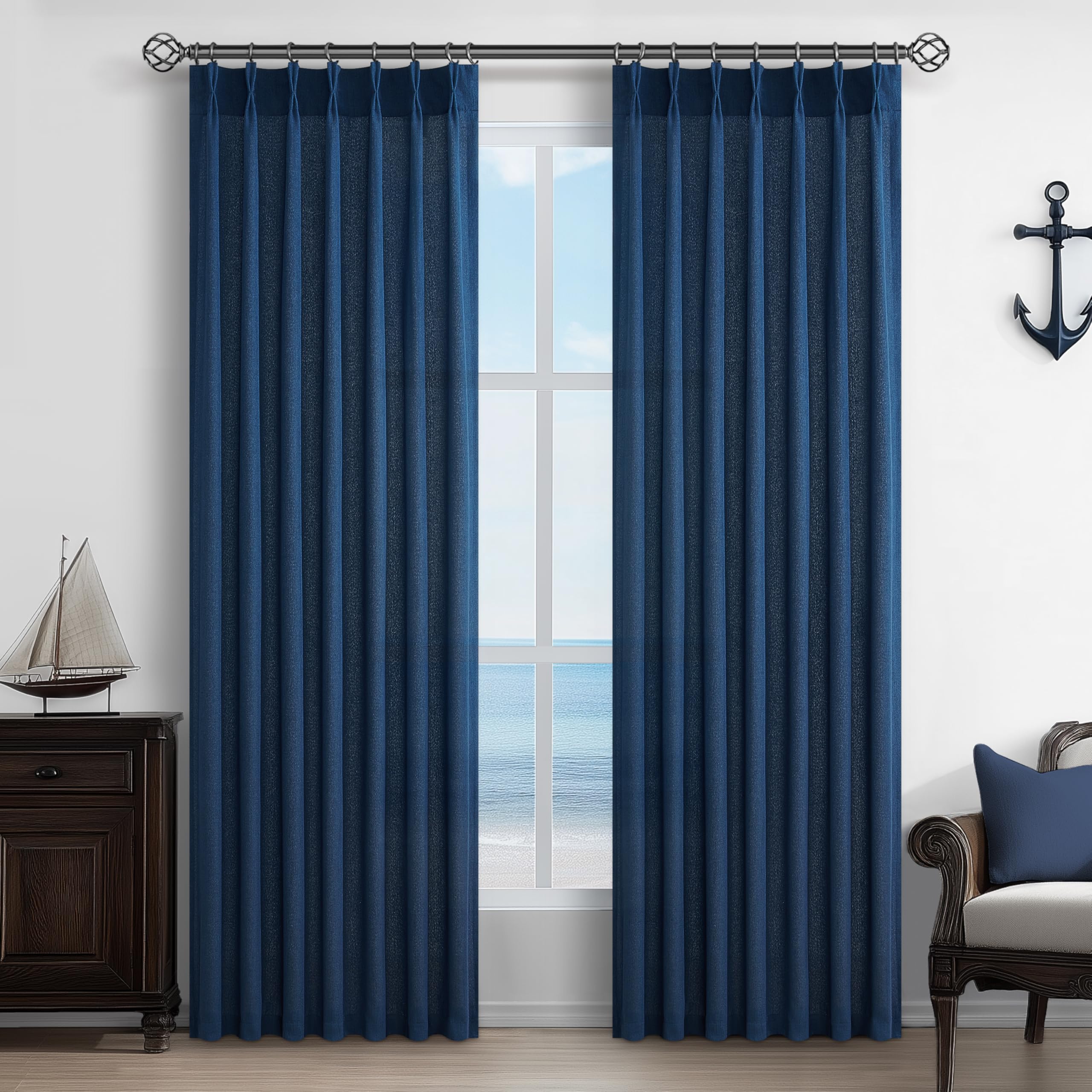 PleatedDrapes 96 Inch Curtains 2 Panel Set, Modern Linen Pleat Back Tab Dining Room Window Curtains Light Filtering Aesthetic Semi Sheer Living Room Drapes with Hooks Ring Cream Oatmeal W40 x L96