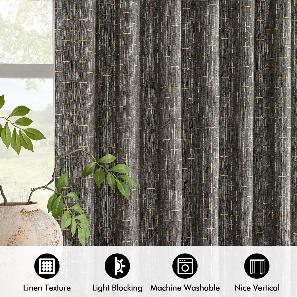 MIULEE Decorative Back Tab Linen Curtains with Geometric Pattern for Living Room Bedroom Farmhouse Rustic Thick Woven Textured Patterned Floor to Ceiling Drapes 102 Inch Long 2 Panels, Dark Grey