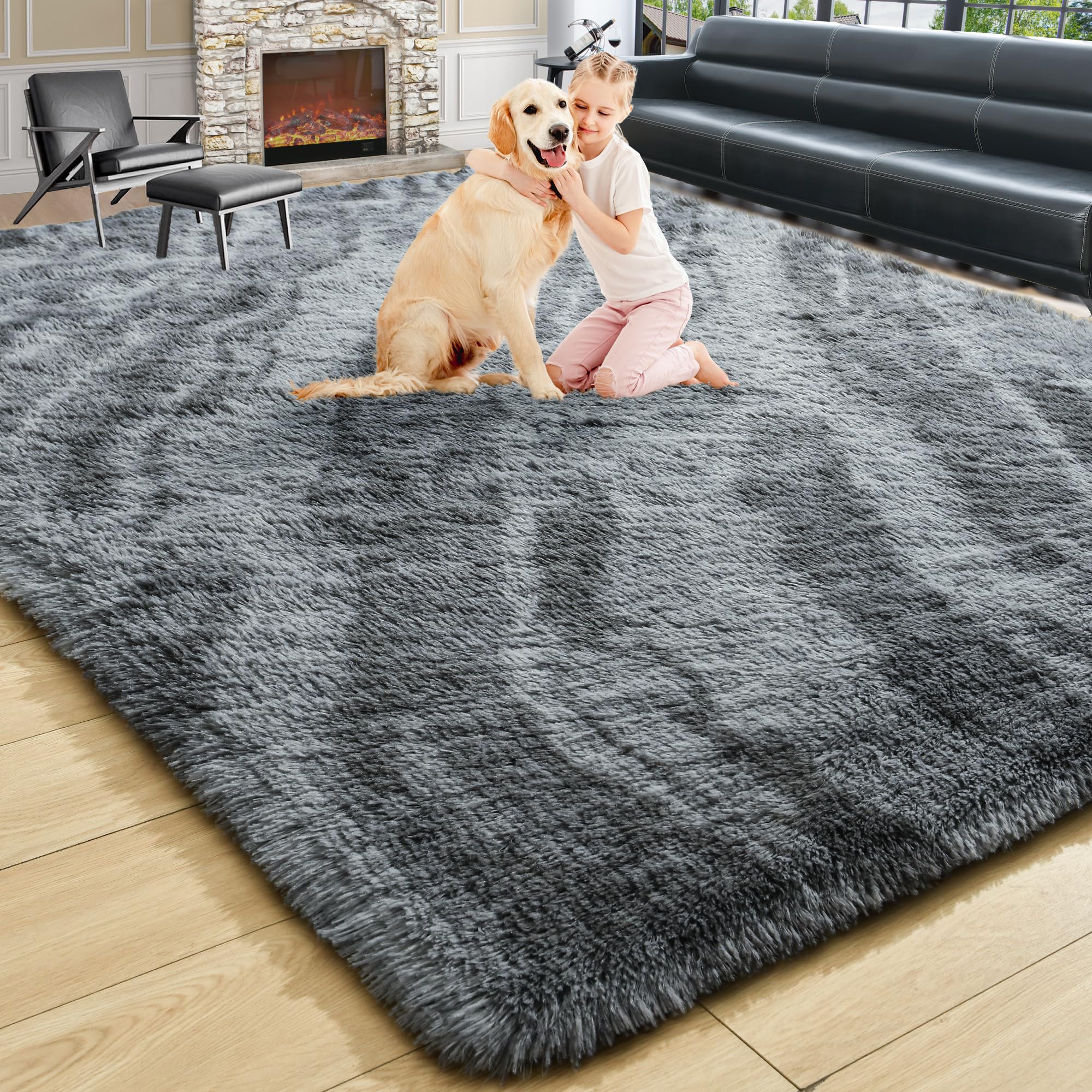 8x10 Extra Large Green Area Rug for Living Room Bedroom Dining Room, Fluffy Shag Soft Plush Furry Carpet Solid Color, Non-Slip Indoor Floor Mat for Kids Home Decor