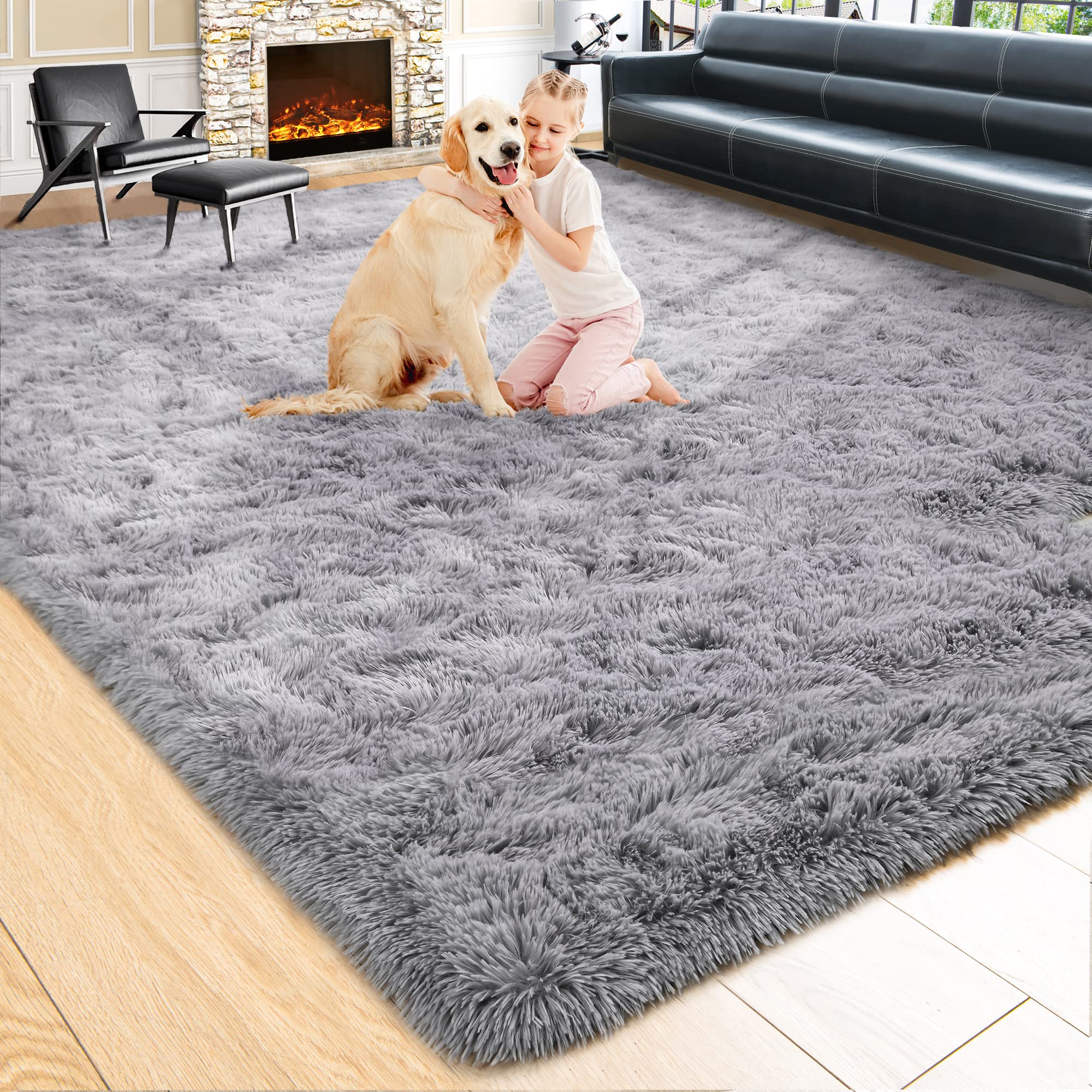 8x10 Extra Large Green Area Rug for Living Room Bedroom Dining Room, Fluffy Shag Soft Plush Furry Carpet Solid Color, Non-Slip Indoor Floor Mat for Kids Home Decor