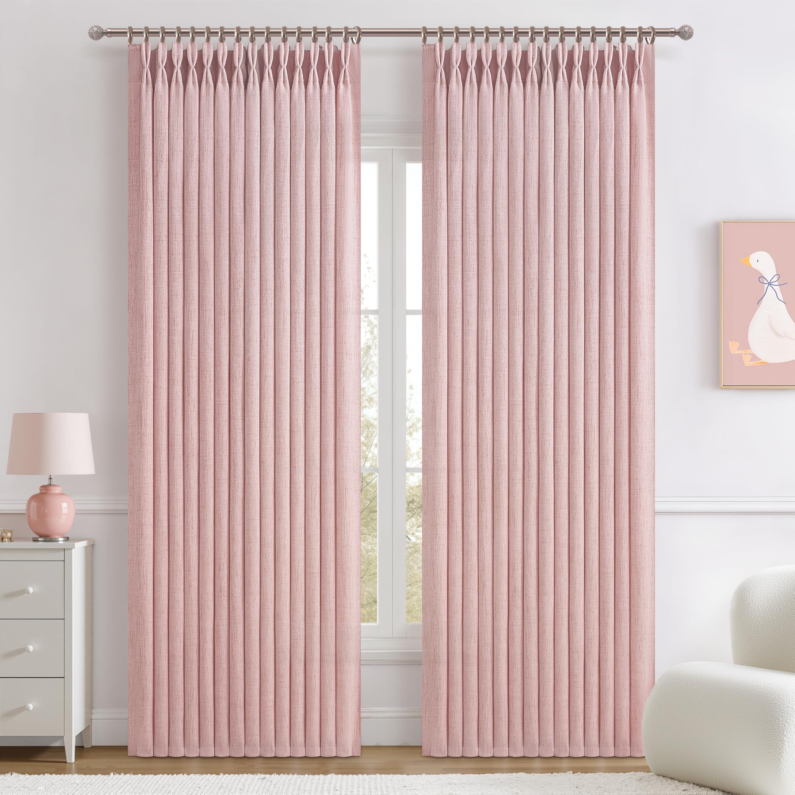 PleatedDrapes 96 Inch Curtains 2 Panel Set, Modern Linen Pleat Back Tab Dining Room Window Curtains Light Filtering Aesthetic Semi Sheer Living Room Drapes with Hooks Ring Cream Oatmeal W40 x L96