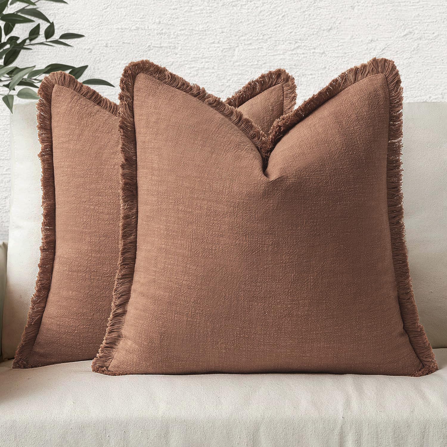 MIULEE Decorative Throw Pillow Covers Neutral Linen Fringe Throw Pillows Euro Shams Set of 2 Brown Boho Farmhouse Cushion Covers for Couch Sofa Bed Living Room Spring Home Decor 26x26 Inch