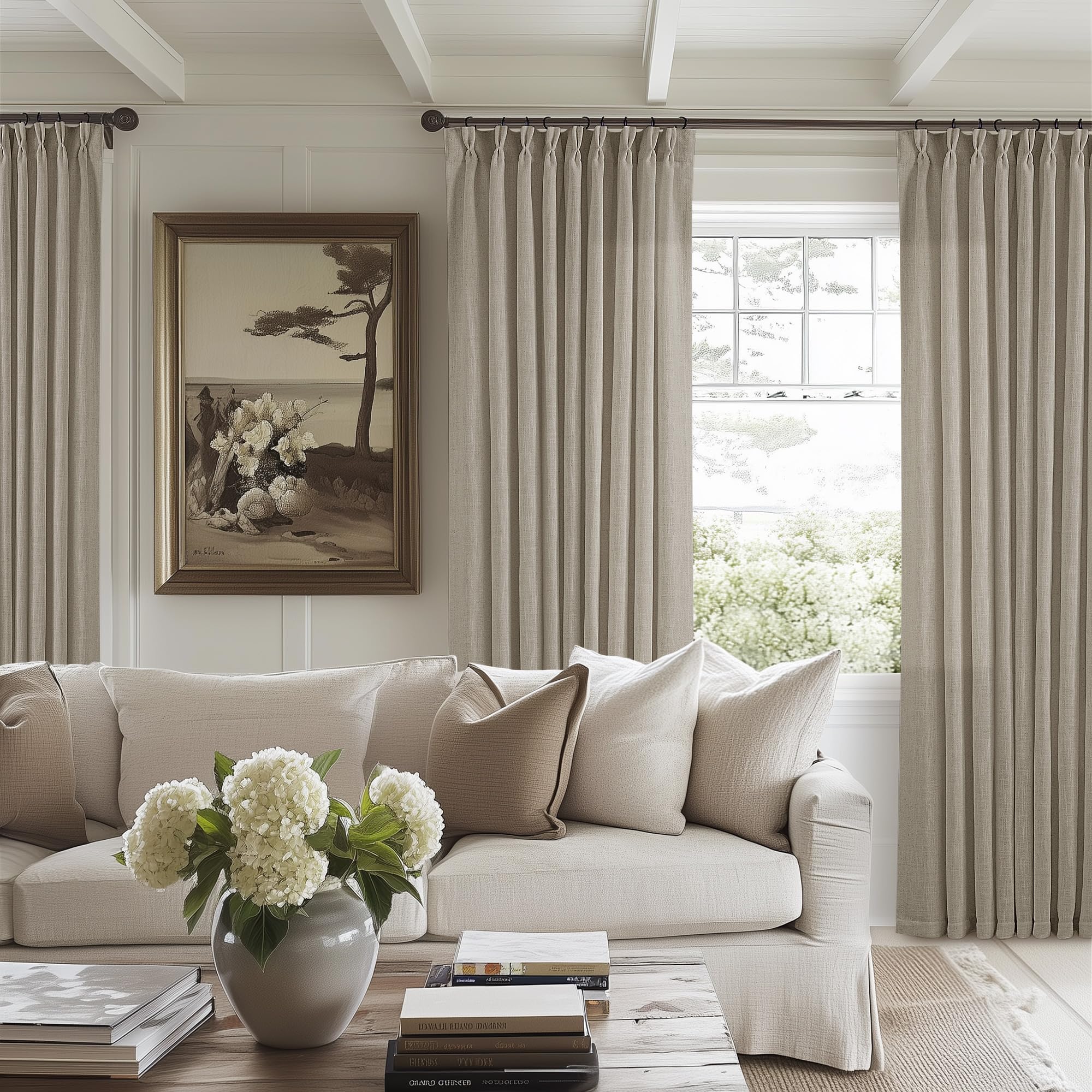 90 Inch Pinch Pleated Linen Curtains 2 Panel Set for Living Room Cream Natural Thick Linen Textured Drapes 90 Inches Long Pinch Pleat Drapes Birch Ivory Semi Sheer Curtain for Dining Bedroom Office