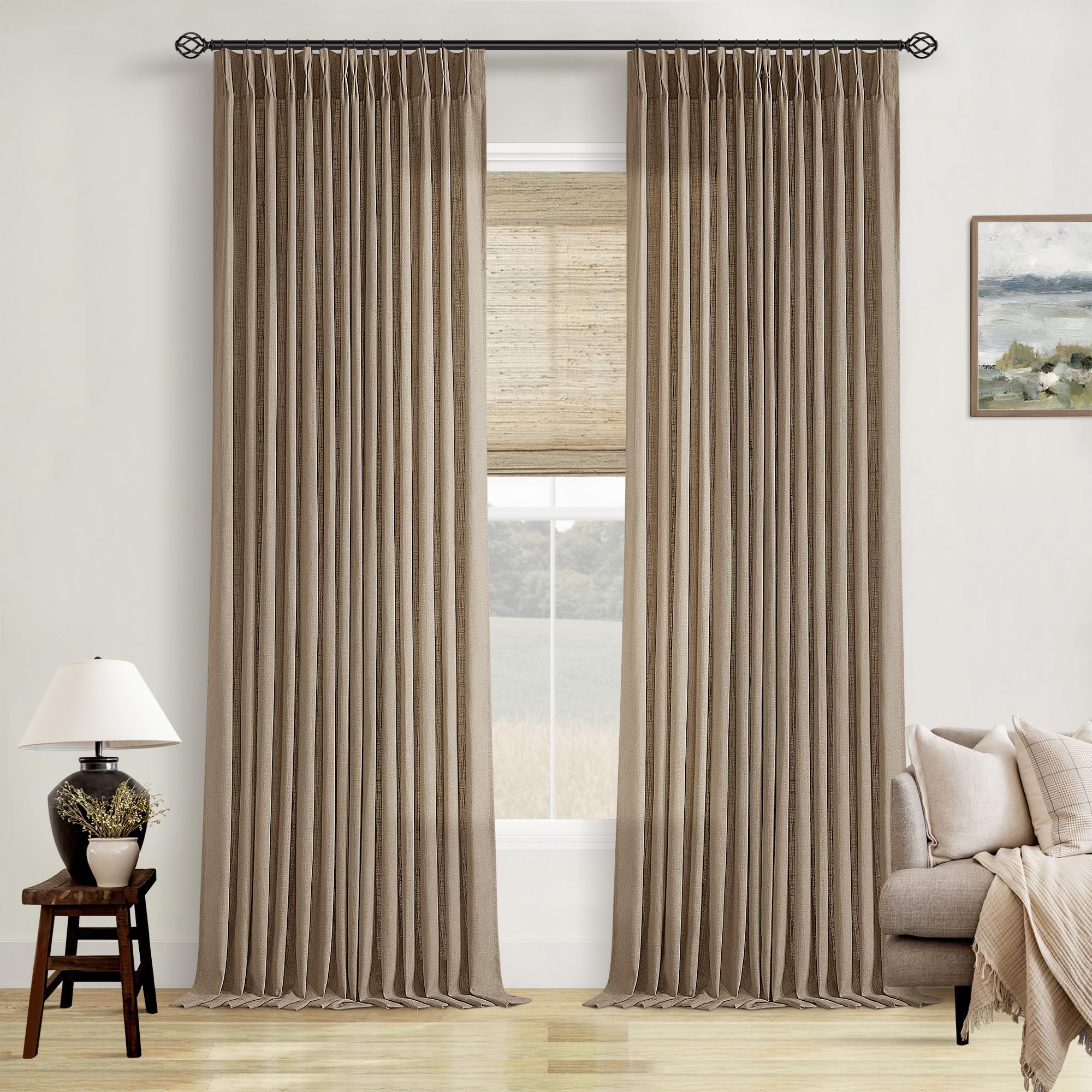 90 Inch Pinch Pleated Linen Curtains 2 Panel Set for Living Room Cream Natural Thick Linen Textured Drapes 90 Inches Long Pinch Pleat Drapes Birch Ivory Semi Sheer Curtain for Dining Bedroom Office