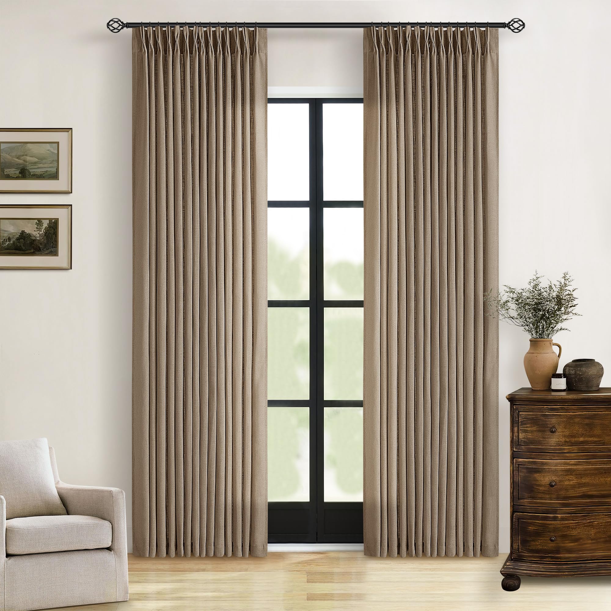 90 Inch Pinch Pleated Linen Curtains 2 Panel Set for Living Room Cream Natural Thick Linen Textured Drapes 90 Inches Long Pinch Pleat Drapes Birch Ivory Semi Sheer Curtain for Dining Bedroom Office