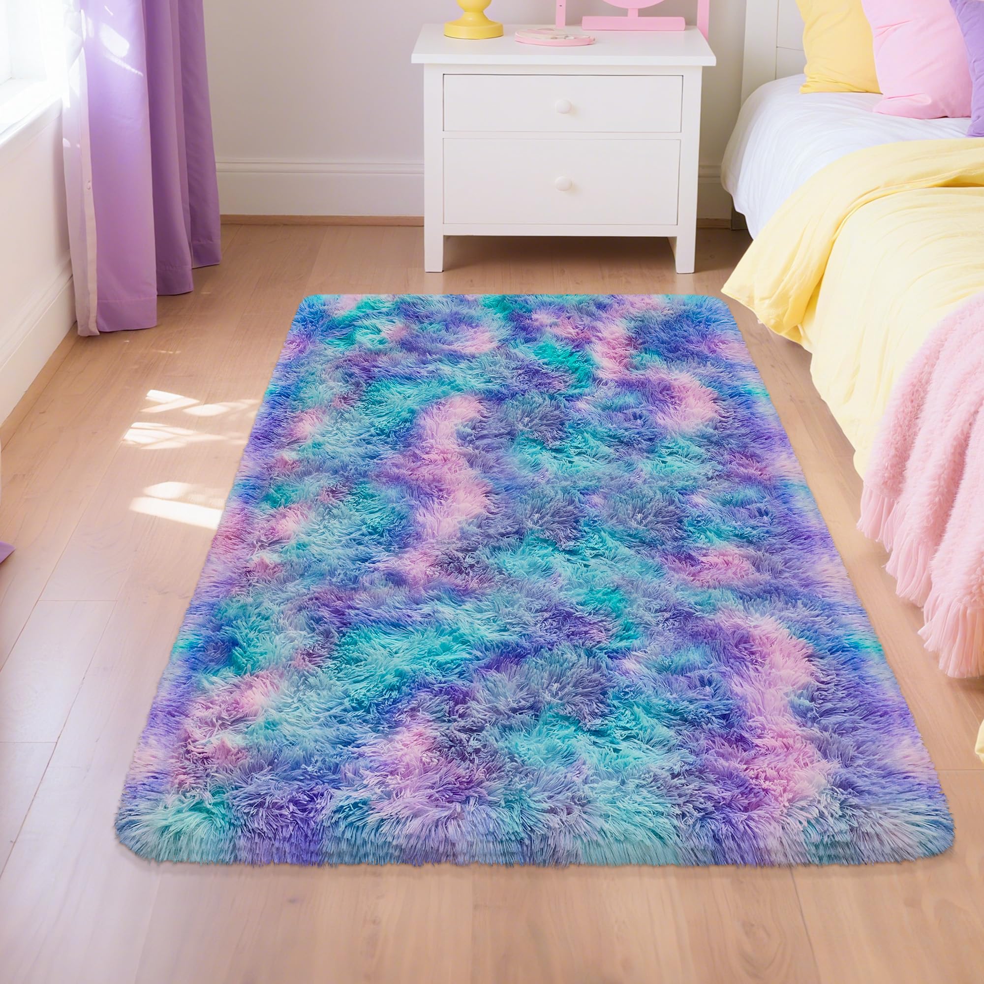 5x8 Ft Light Grey Large Area Rugs for Bedroom,Fluffy Furry Rug Floor Carpets Shaggy Playing Mat for Kids Baby Girls Room Nursery Home Decor Tie Dyed Gray Thick Rugs Fuzzy Home Decor