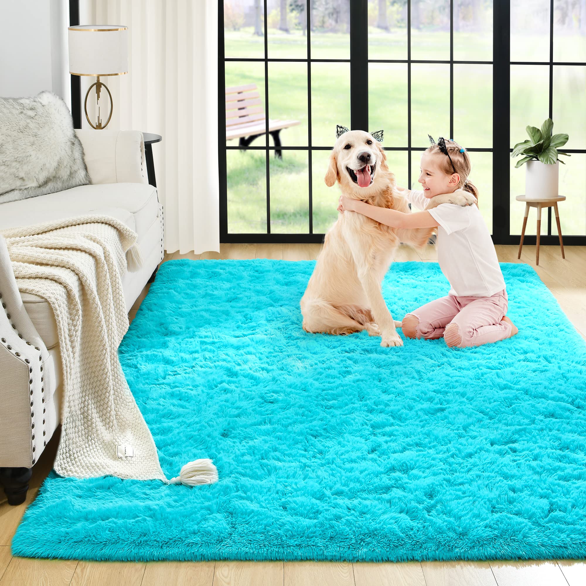 8x10 Extra Large Green Area Rug for Living Room Bedroom Dining Room, Fluffy Shag Soft Plush Furry Carpet Solid Color, Non-Slip Indoor Floor Mat for Kids Home Decor