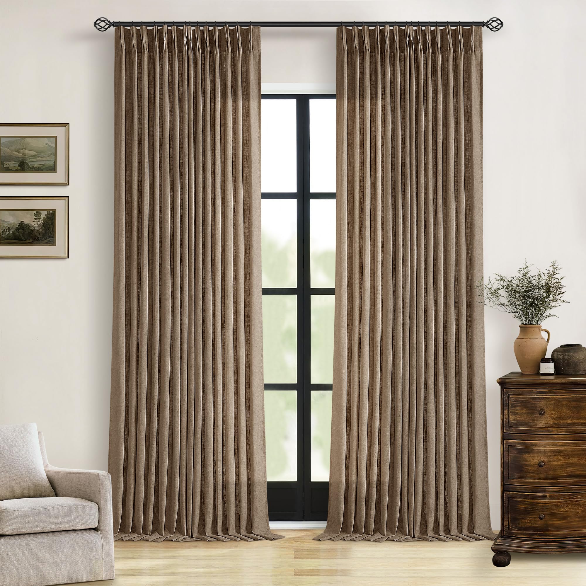90 Inch Pinch Pleated Linen Curtains 2 Panel Set for Living Room Cream Natural Thick Linen Textured Drapes 90 Inches Long Pinch Pleat Drapes Birch Ivory Semi Sheer Curtain for Dining Bedroom Office