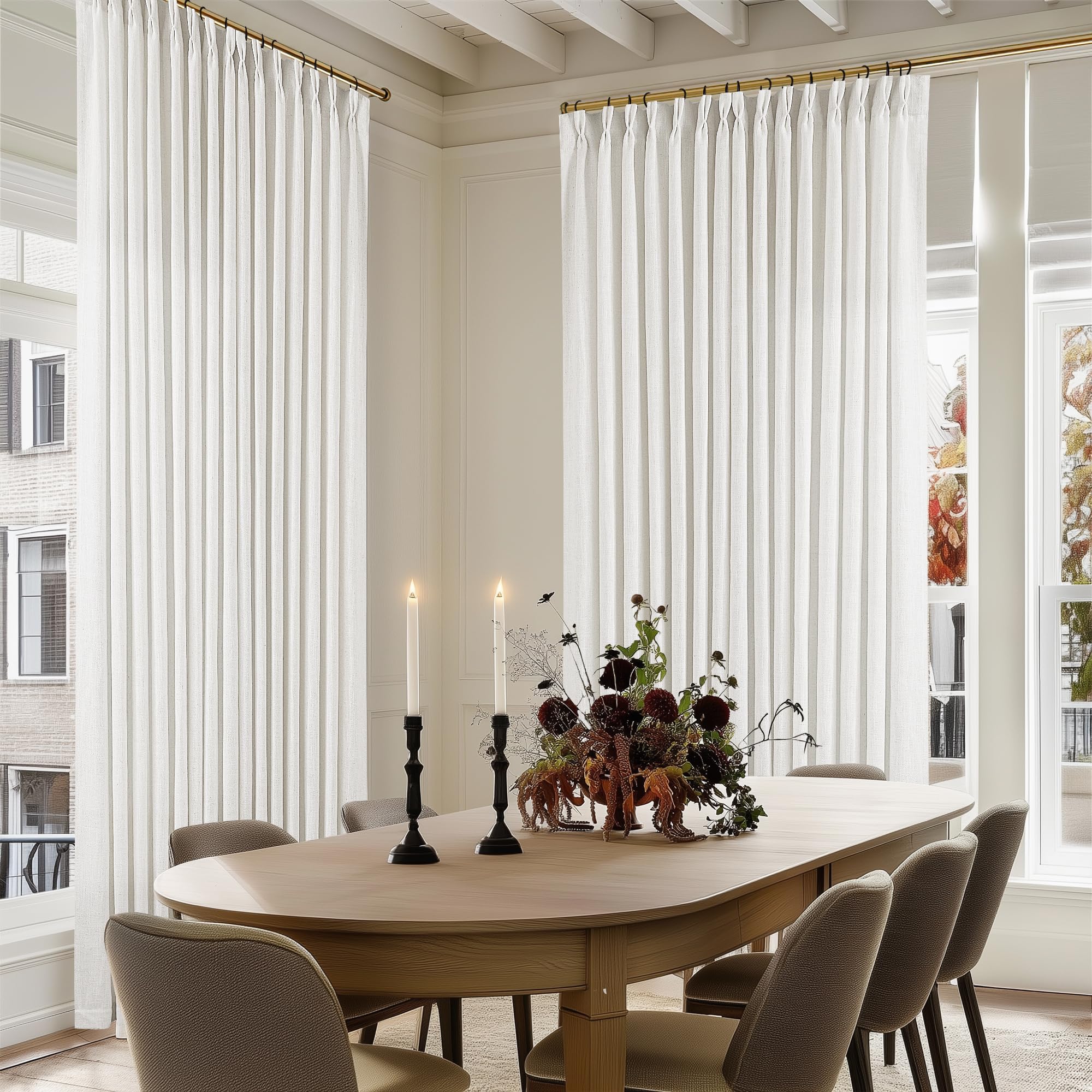90 Inch Pinch Pleated Linen Curtains 2 Panel Set for Living Room Cream Natural Thick Linen Textured Drapes 90 Inches Long Pinch Pleat Drapes Birch Ivory Semi Sheer Curtain for Dining Bedroom Office