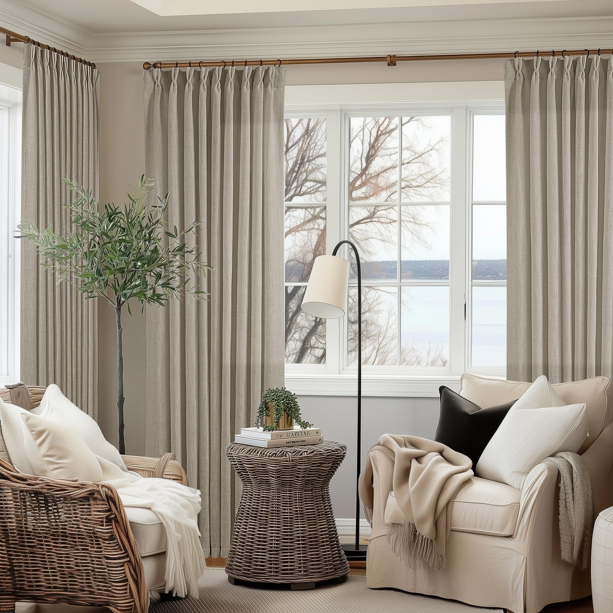 90 Inch Pinch Pleated Linen Curtains 2 Panel Set for Living Room Cream Natural Thick Linen Textured Drapes 90 Inches Long Pinch Pleat Drapes Birch Ivory Semi Sheer Curtain for Dining Bedroom Office