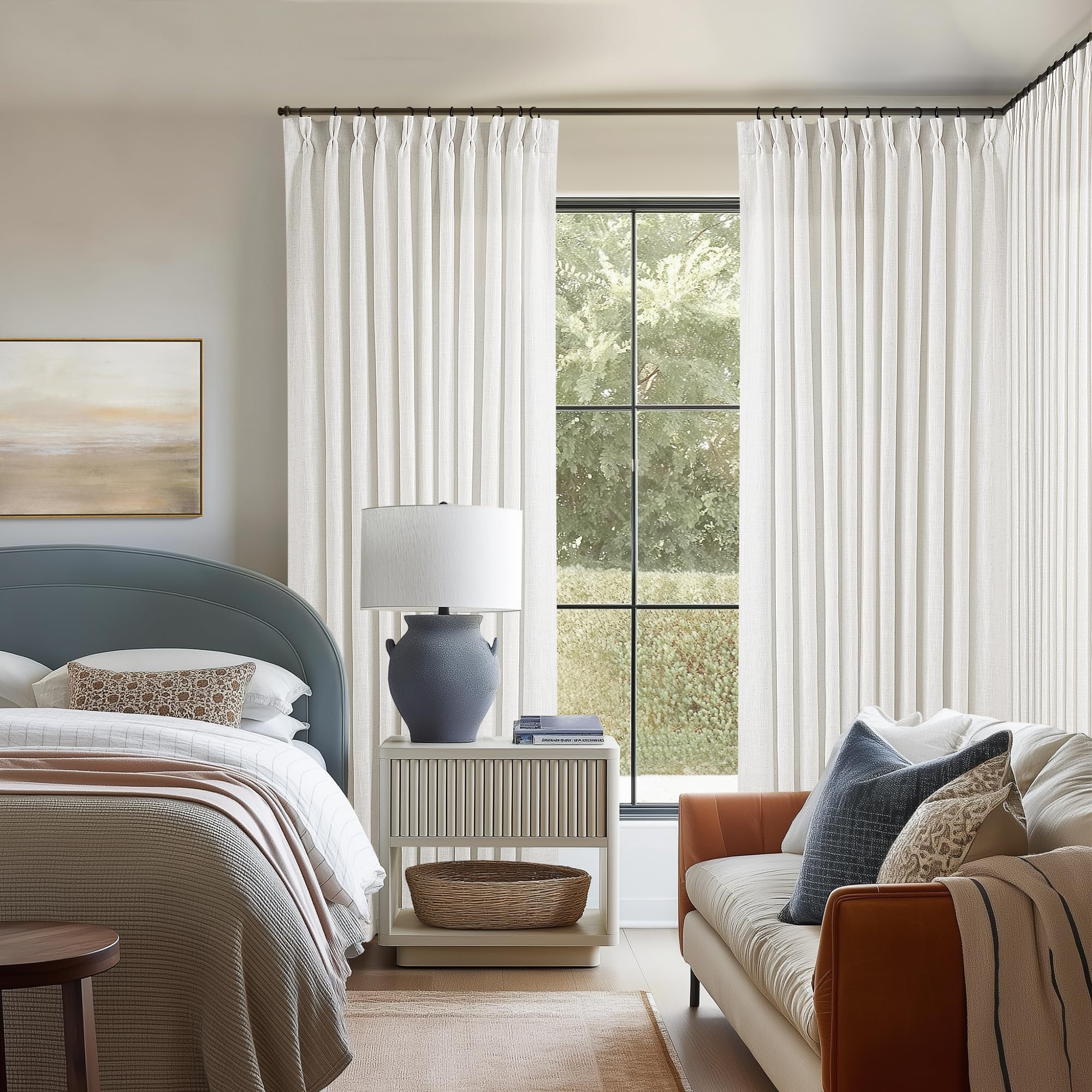 90 Inch Pinch Pleated Linen Curtains 2 Panel Set for Living Room Cream Natural Thick Linen Textured Drapes 90 Inches Long Pinch Pleat Drapes Birch Ivory Semi Sheer Curtain for Dining Bedroom Office
