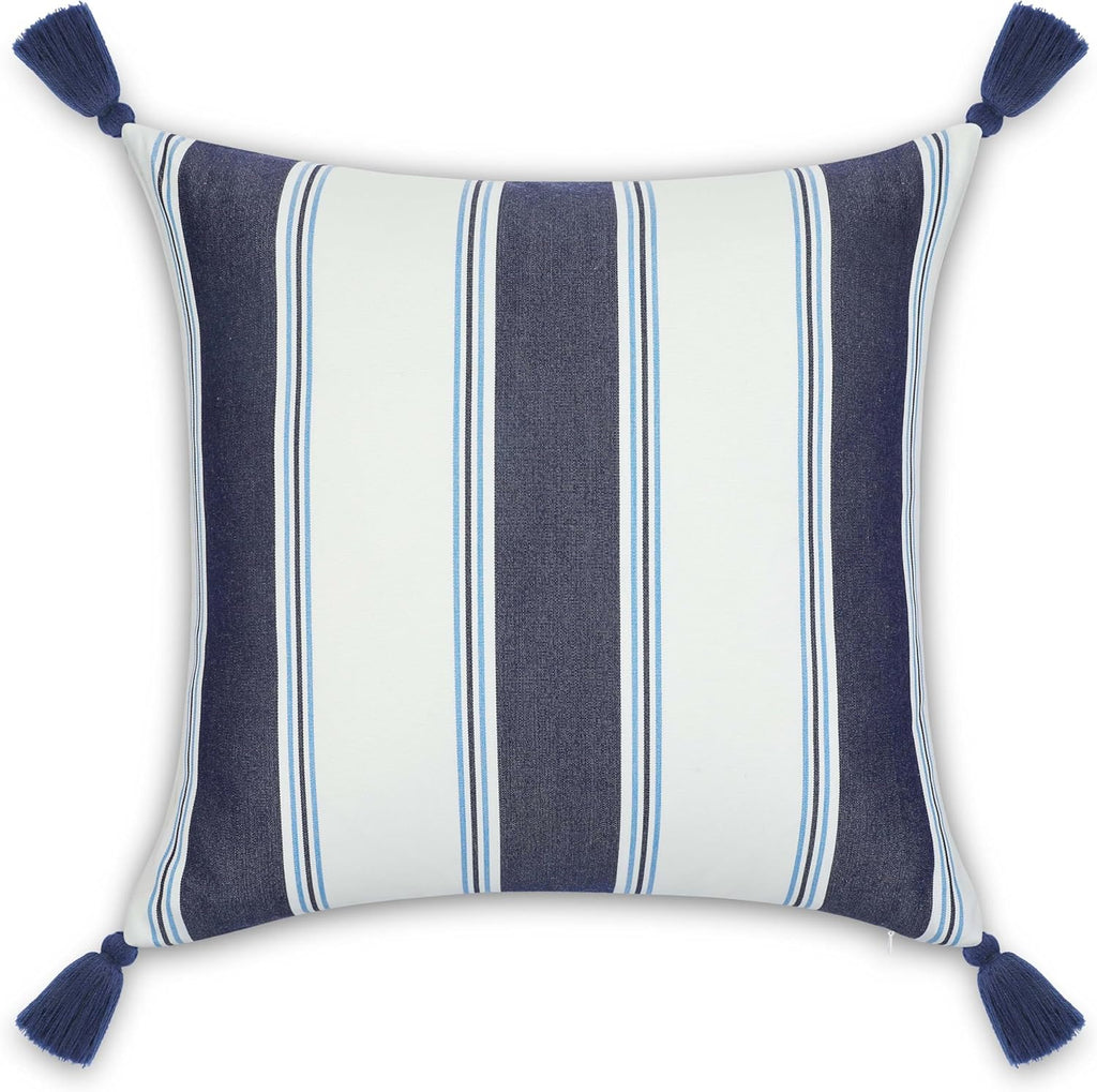 Hofdeco Premium Coastal Hampton Outdoor Performance Throw Pillow Cover Only, 20"x20" Water Repellent, UV and Fade Resistant for Backyard, Couch, Poolside, Indigo Azure Blue Woven Harbor Stripes