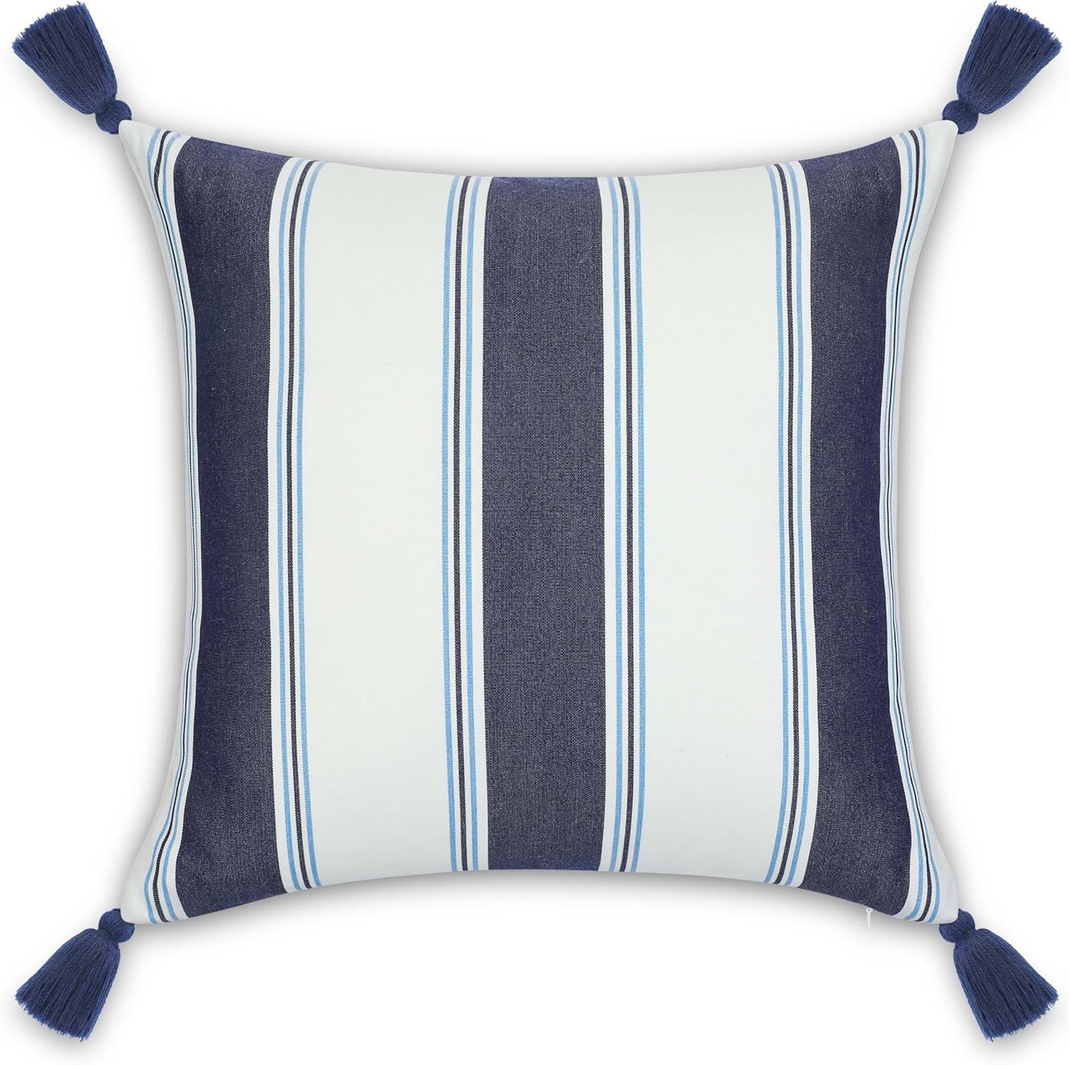 Hofdeco Premium Coastal Hampton Outdoor Performance Throw Pillow Cover Only, 20"x20" Water Repellent, UV and Fade Resistant for Backyard, Couch, Poolside, Indigo Azure Blue Woven Harbor Stripes