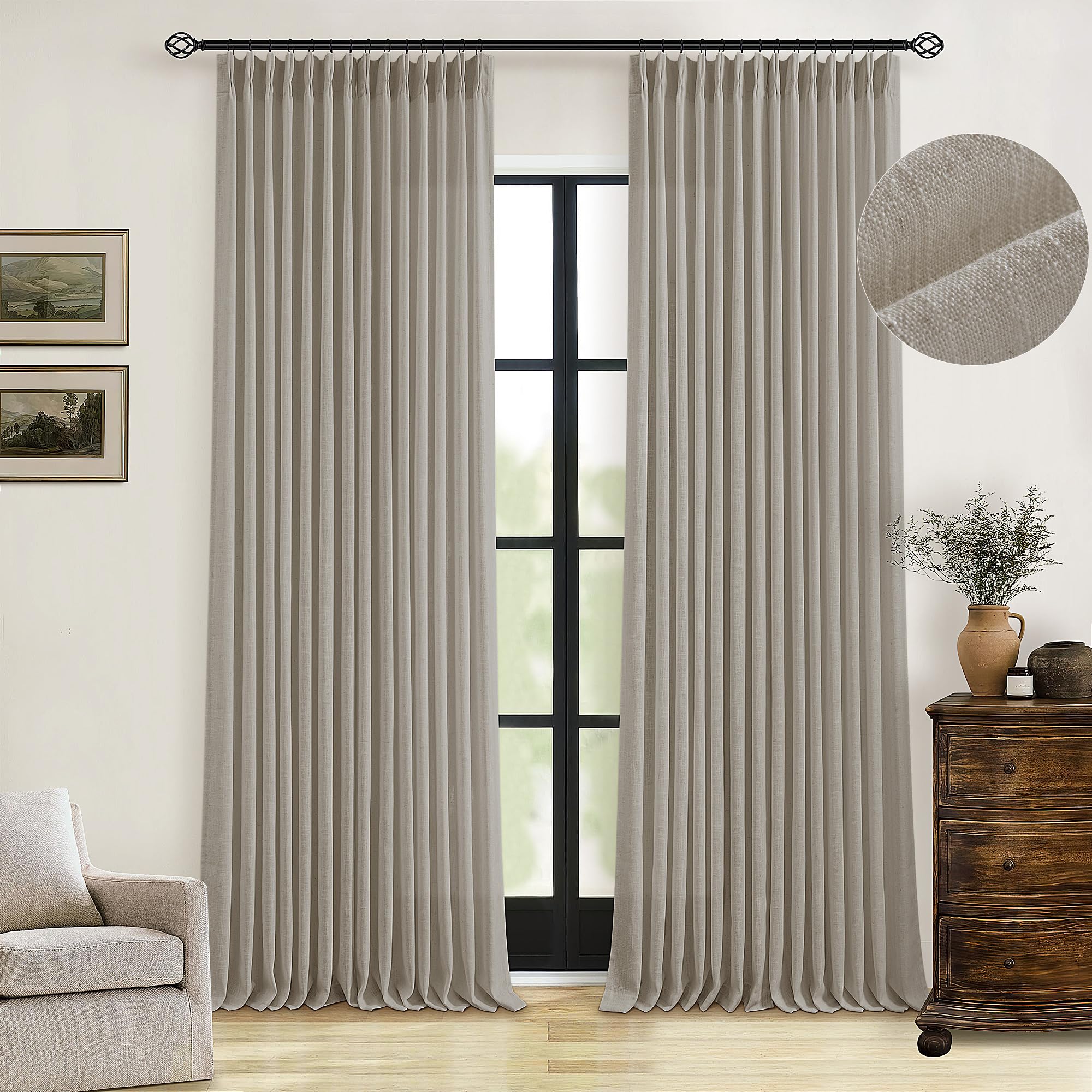 90 Inch Pinch Pleated Linen Curtains 2 Panel Set for Living Room Cream Natural Thick Linen Textured Drapes 90 Inches Long Pinch Pleat Drapes Birch Ivory Semi Sheer Curtain for Dining Bedroom Office