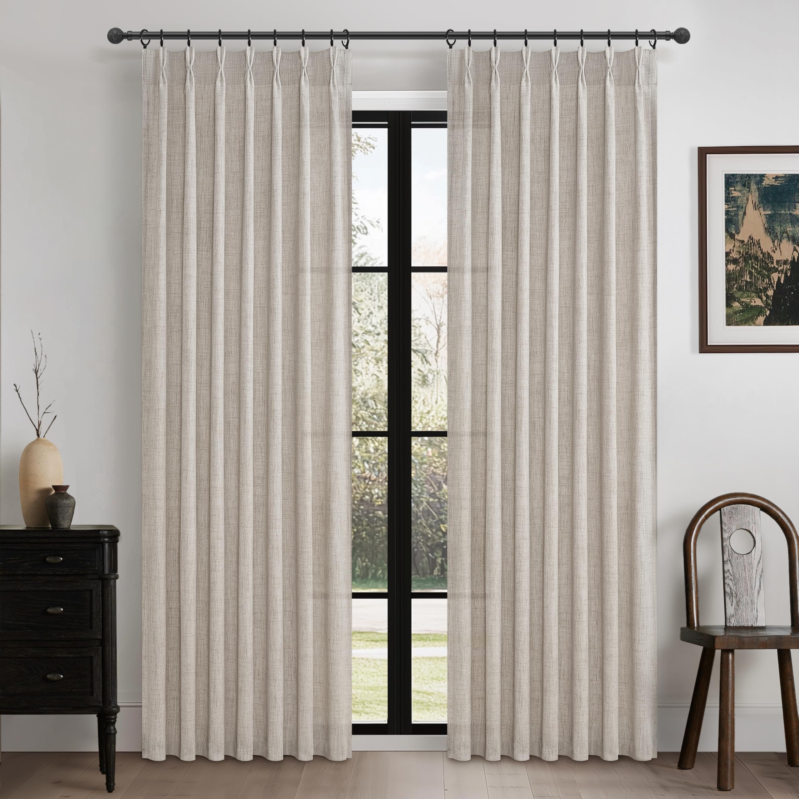 PleatedDrapes 96 Inch Curtains 2 Panel Set, Modern Linen Pleat Back Tab Dining Room Window Curtains Light Filtering Aesthetic Semi Sheer Living Room Drapes with Hooks Ring Cream Oatmeal W40 x L96