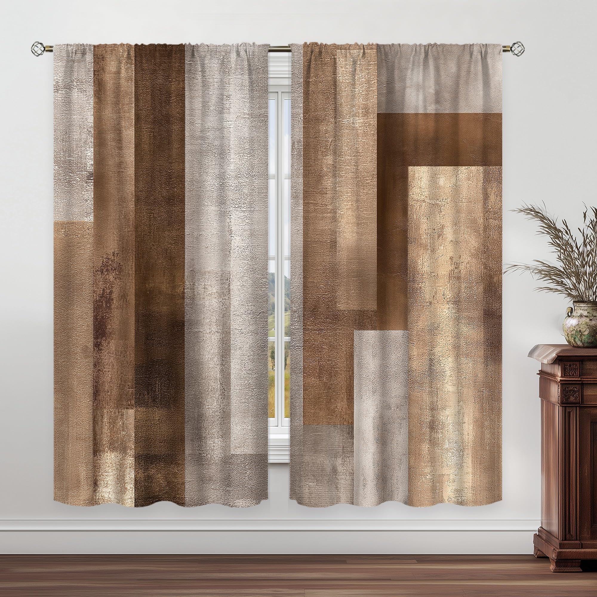 Abstract Brown Grey Curtains 52Wx84H Inch Rod Pocket Rustic Vintage Geometric Blocks Farmhouse Modern Minimalist Art Printed Simple Living Room Bedroom Window Drapes Treatment 2 Panels