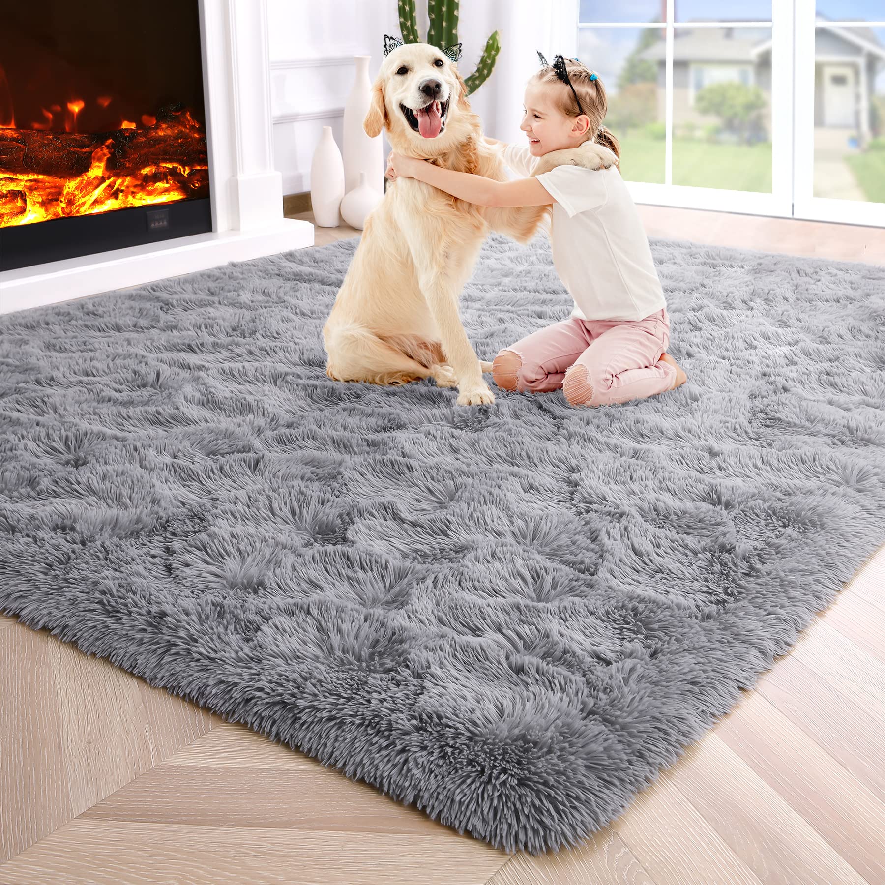 8x10 Extra Large Green Area Rug for Living Room Bedroom Dining Room, Fluffy Shag Soft Plush Furry Carpet Solid Color, Non-Slip Indoor Floor Mat for Kids Home Decor