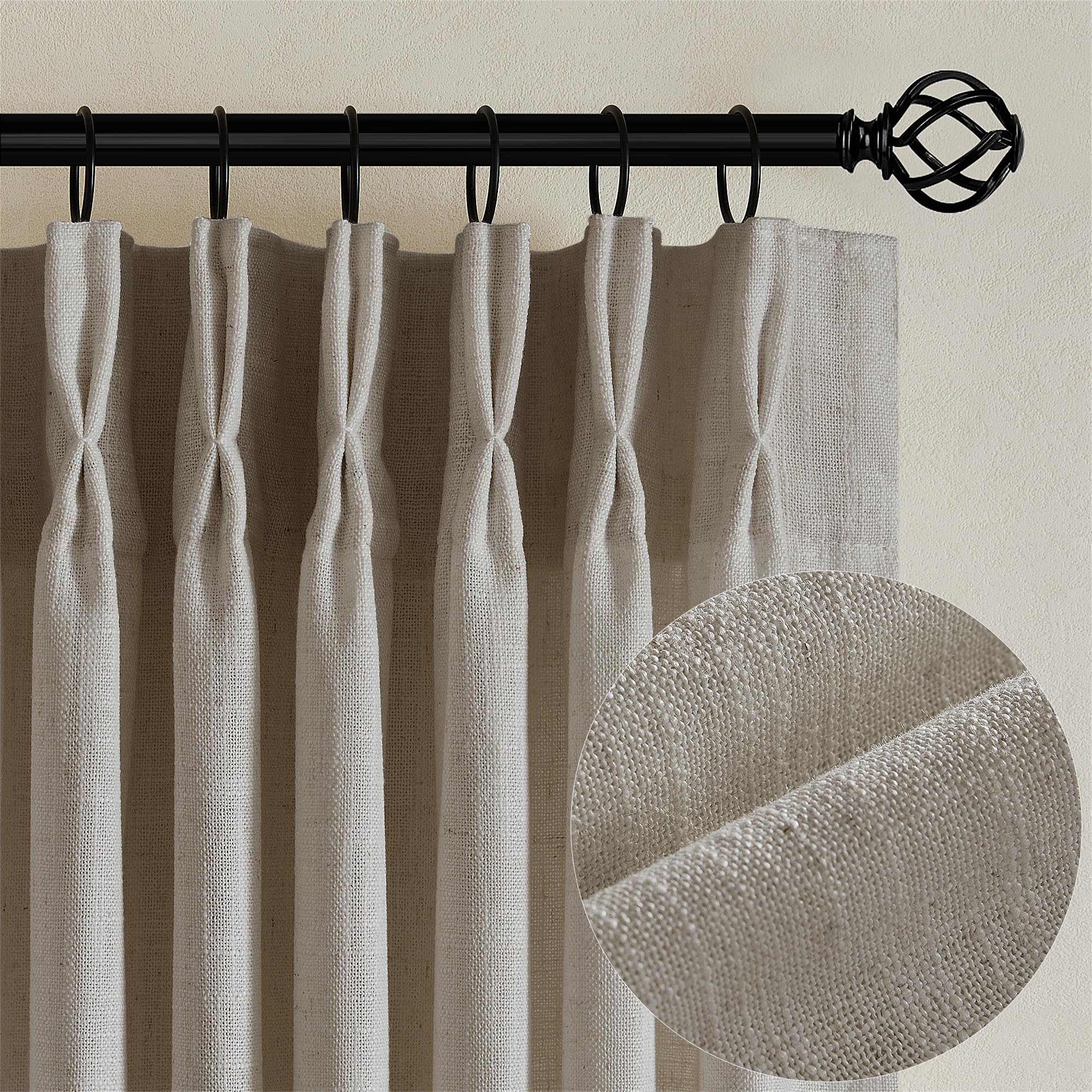 90 Inch Pinch Pleated Linen Curtains 2 Panel Set for Living Room Cream Natural Thick Linen Textured Drapes 90 Inches Long Pinch Pleat Drapes Birch Ivory Semi Sheer Curtain for Dining Bedroom Office