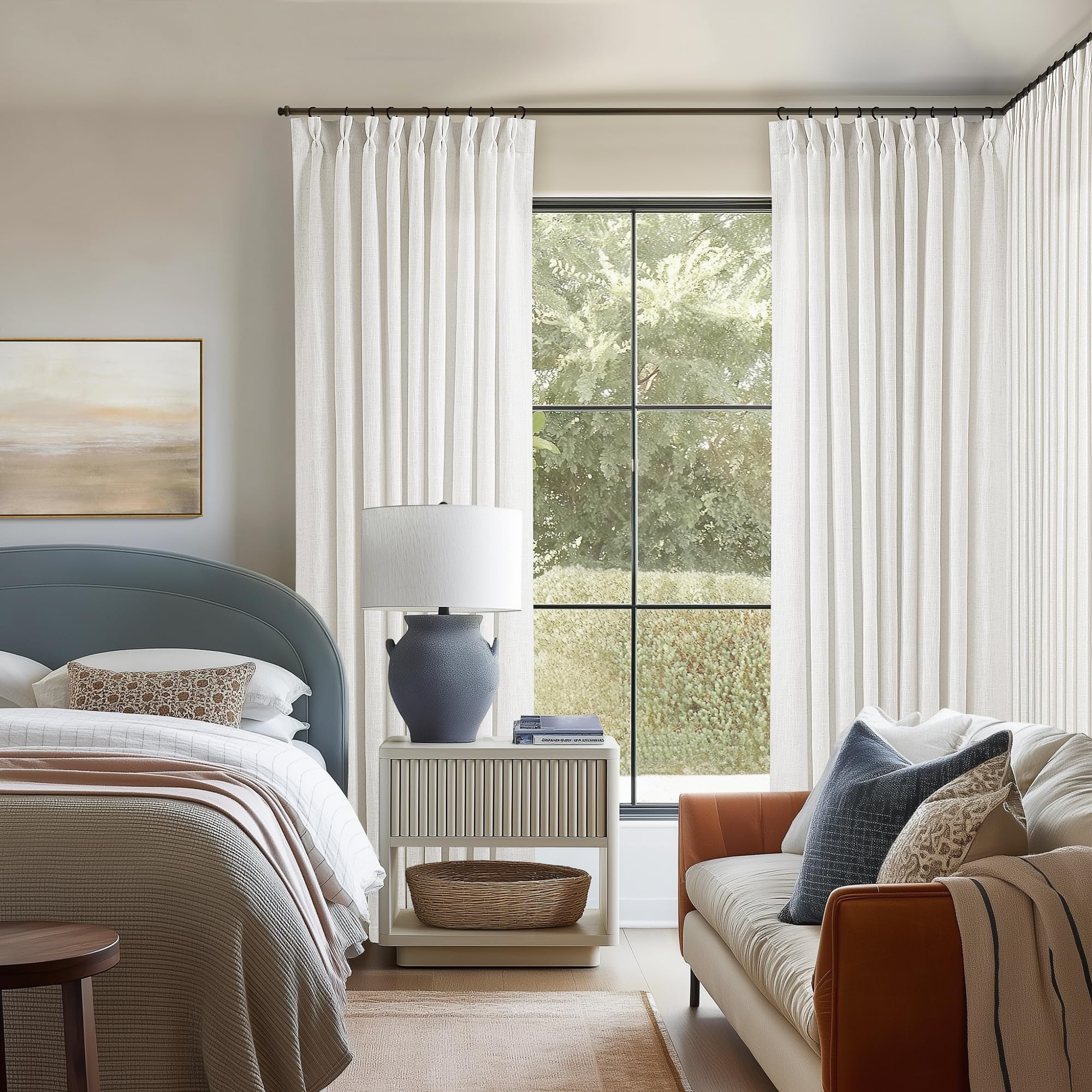 90 Inch Pinch Pleated Linen Curtains 2 Panel Set for Living Room Cream Natural Thick Linen Textured Drapes 90 Inches Long Pinch Pleat Drapes Birch Ivory Semi Sheer Curtain for Dining Bedroom Office