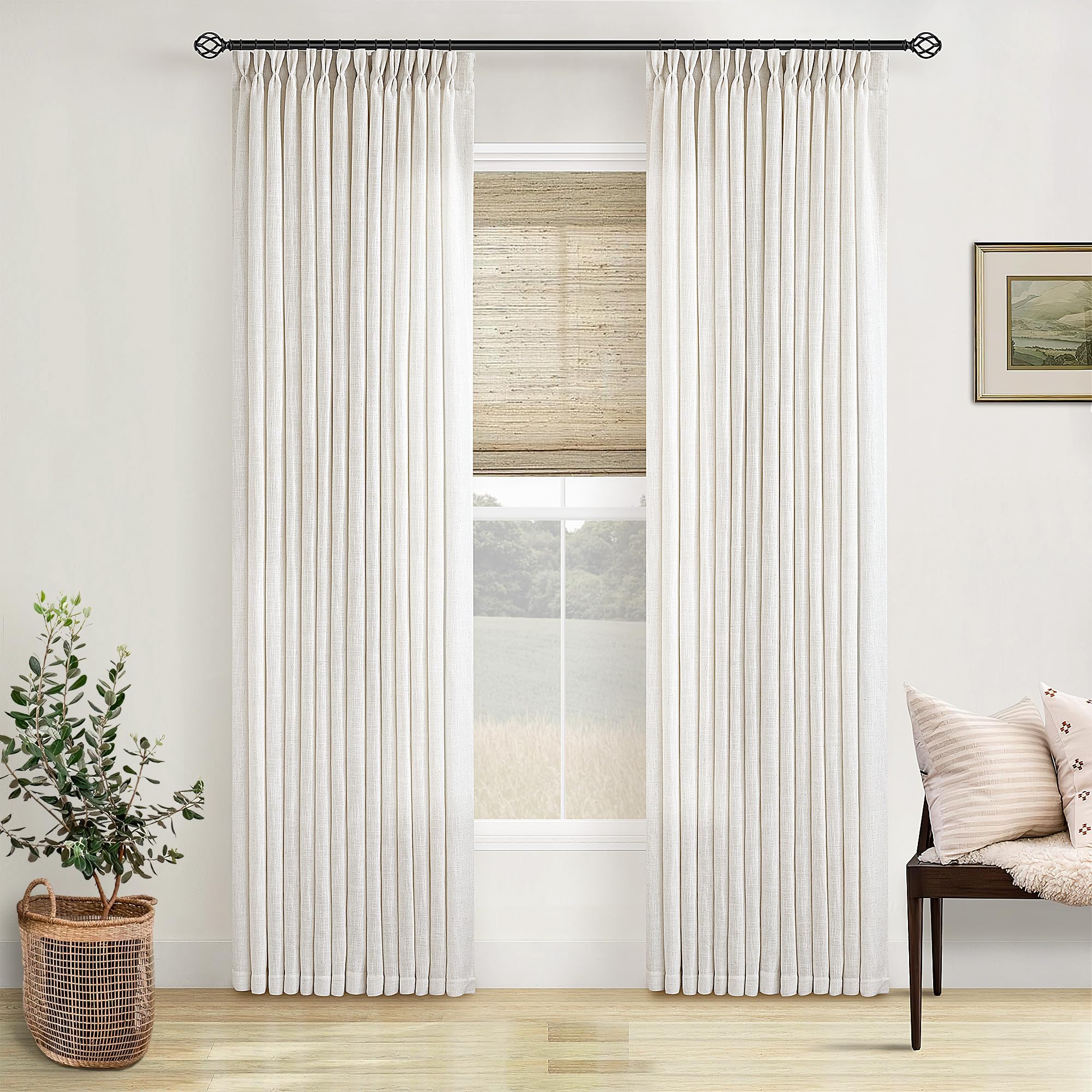 90 Inch Pinch Pleated Linen Curtains 2 Panel Set for Living Room Cream Natural Thick Linen Textured Drapes 90 Inches Long Pinch Pleat Drapes Birch Ivory Semi Sheer Curtain for Dining Bedroom Office