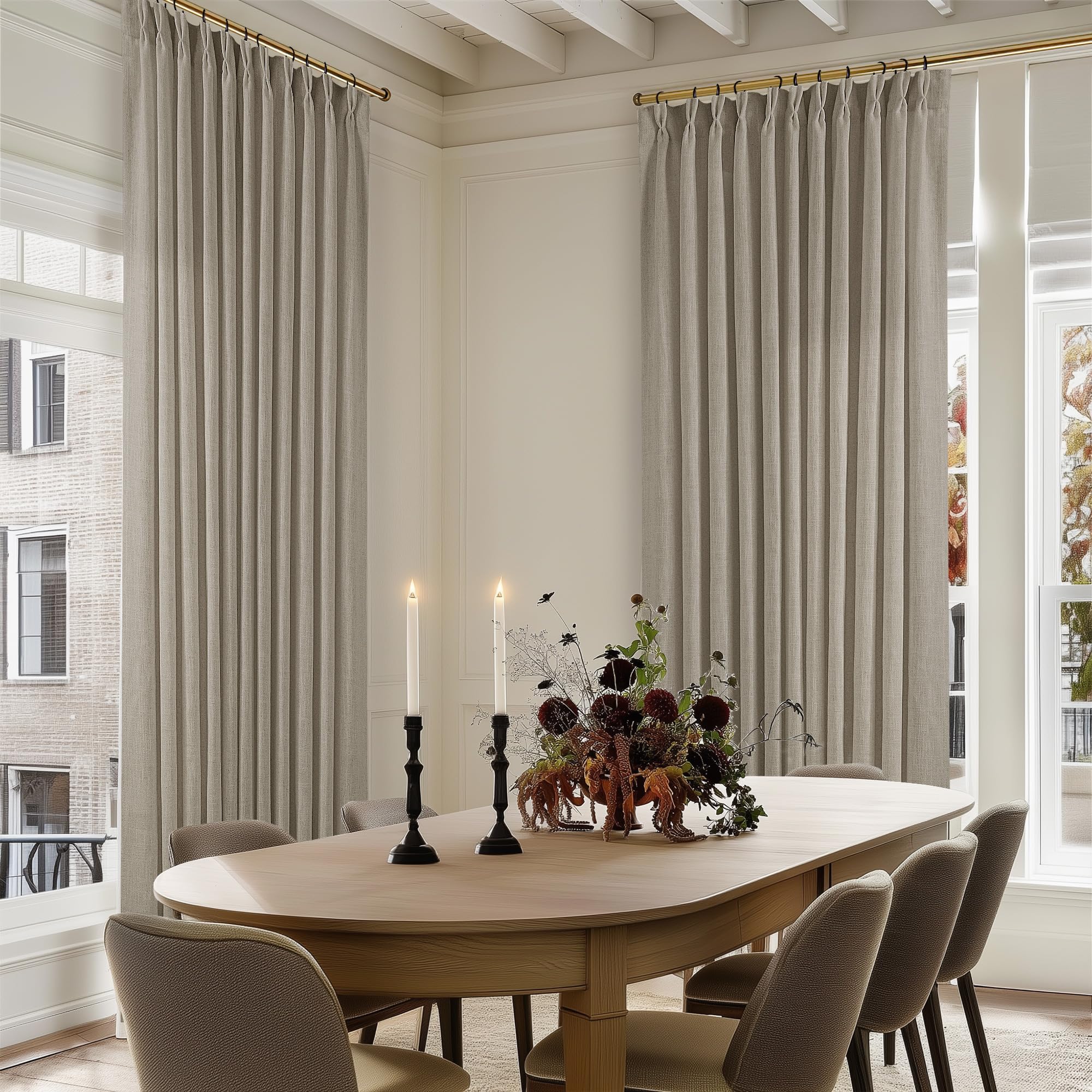 90 Inch Pinch Pleated Linen Curtains 2 Panel Set for Living Room Cream Natural Thick Linen Textured Drapes 90 Inches Long Pinch Pleat Drapes Birch Ivory Semi Sheer Curtain for Dining Bedroom Office