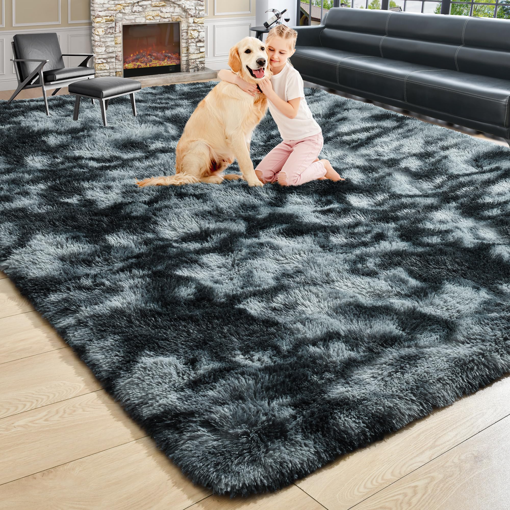 8x10 Extra Large Green Area Rug for Living Room Bedroom Dining Room, Fluffy Shag Soft Plush Furry Carpet Solid Color, Non-Slip Indoor Floor Mat for Kids Home Decor