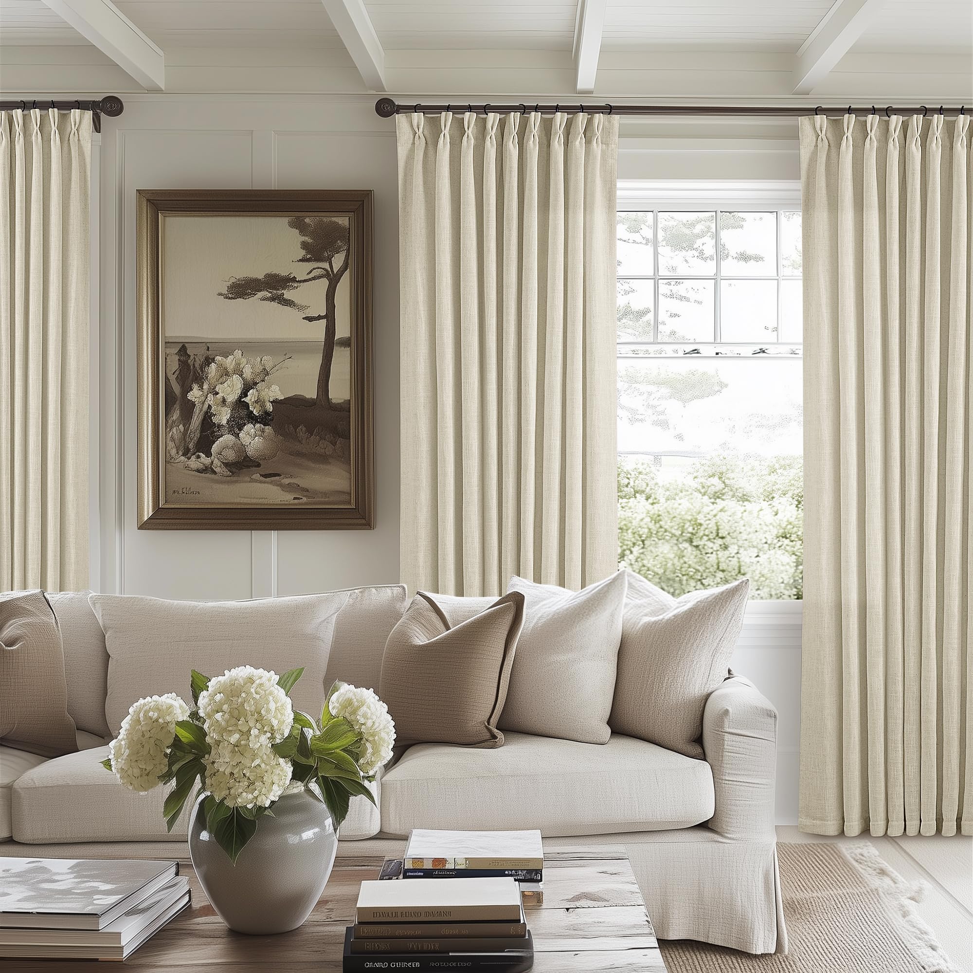 90 Inch Pinch Pleated Linen Curtains 2 Panel Set for Living Room Cream Natural Thick Linen Textured Drapes 90 Inches Long Pinch Pleat Drapes Birch Ivory Semi Sheer Curtain for Dining Bedroom Office