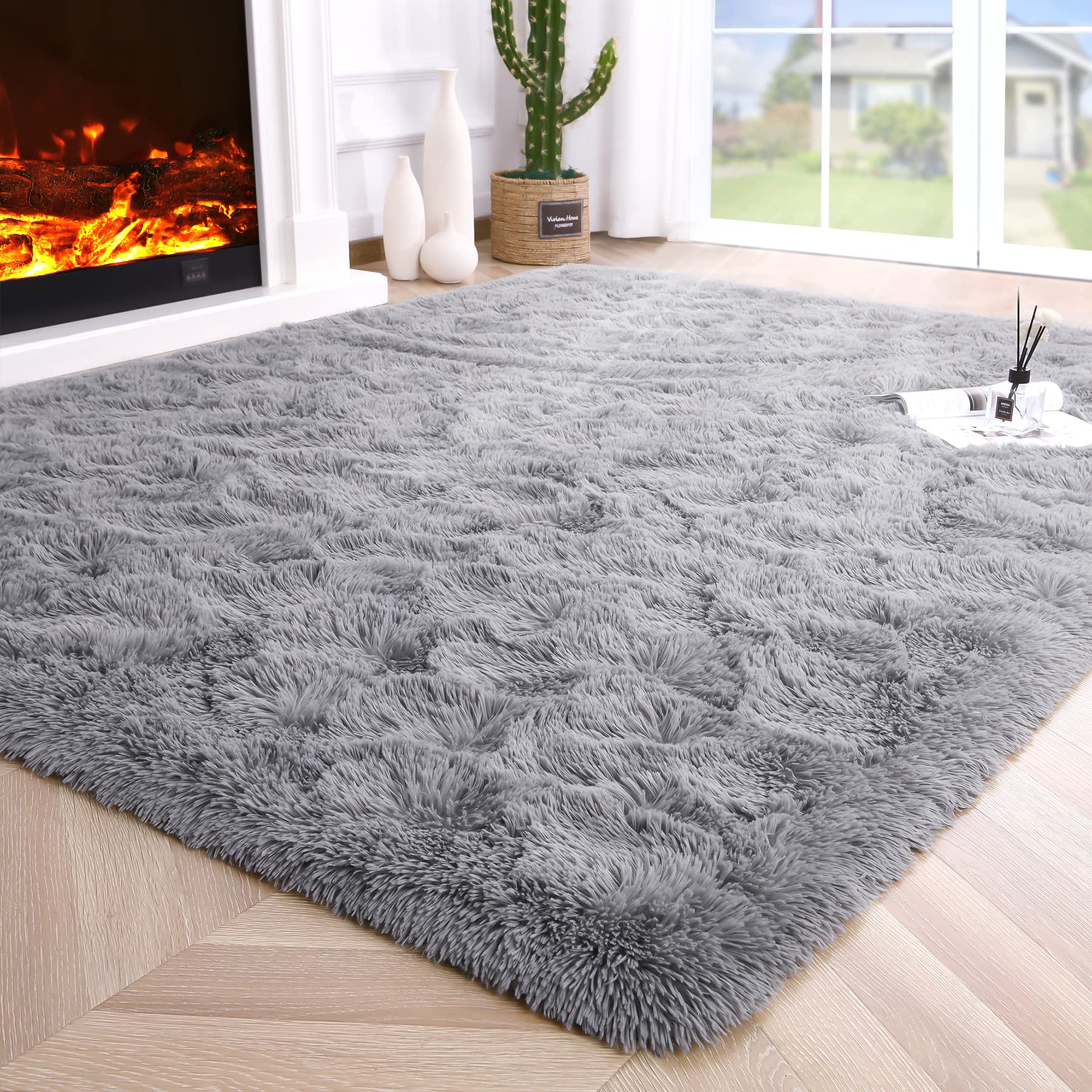 8x10 Extra Large Green Area Rug for Living Room Bedroom Dining Room, Fluffy Shag Soft Plush Furry Carpet Solid Color, Non-Slip Indoor Floor Mat for Kids Home Decor