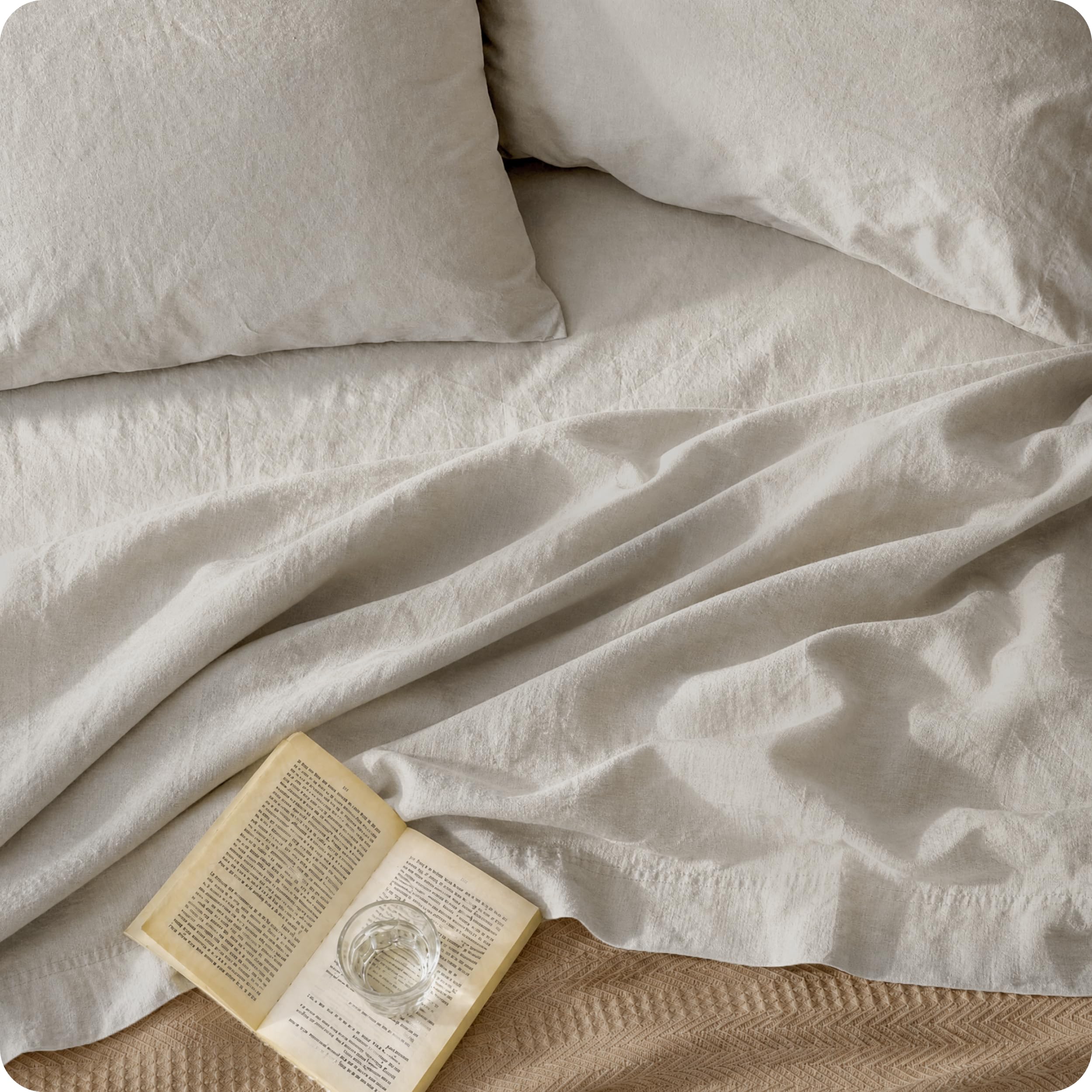 Bedsure Queen Bed Sheets - Cotton Linen Sheet Set, PureWoven Soft, Breathable & Anti - Pilling, Deep Pocket Queen Fitted Bedsheets Up to 16 Inches, 4 Pieces, Linen