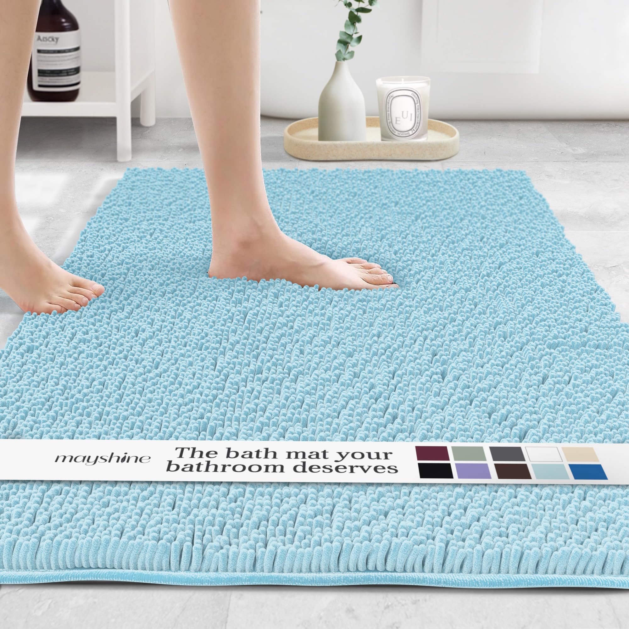 MAYSHINE Plush Shaggy Chenille Bath Mat | Extra Soft, Super Absorbent, Non-Slip Bathroom Rug | Fluffy Microfiber, Area Rug Sets for Bathroom Floor, Kitchen, Living Room | 59"x31" | Beige