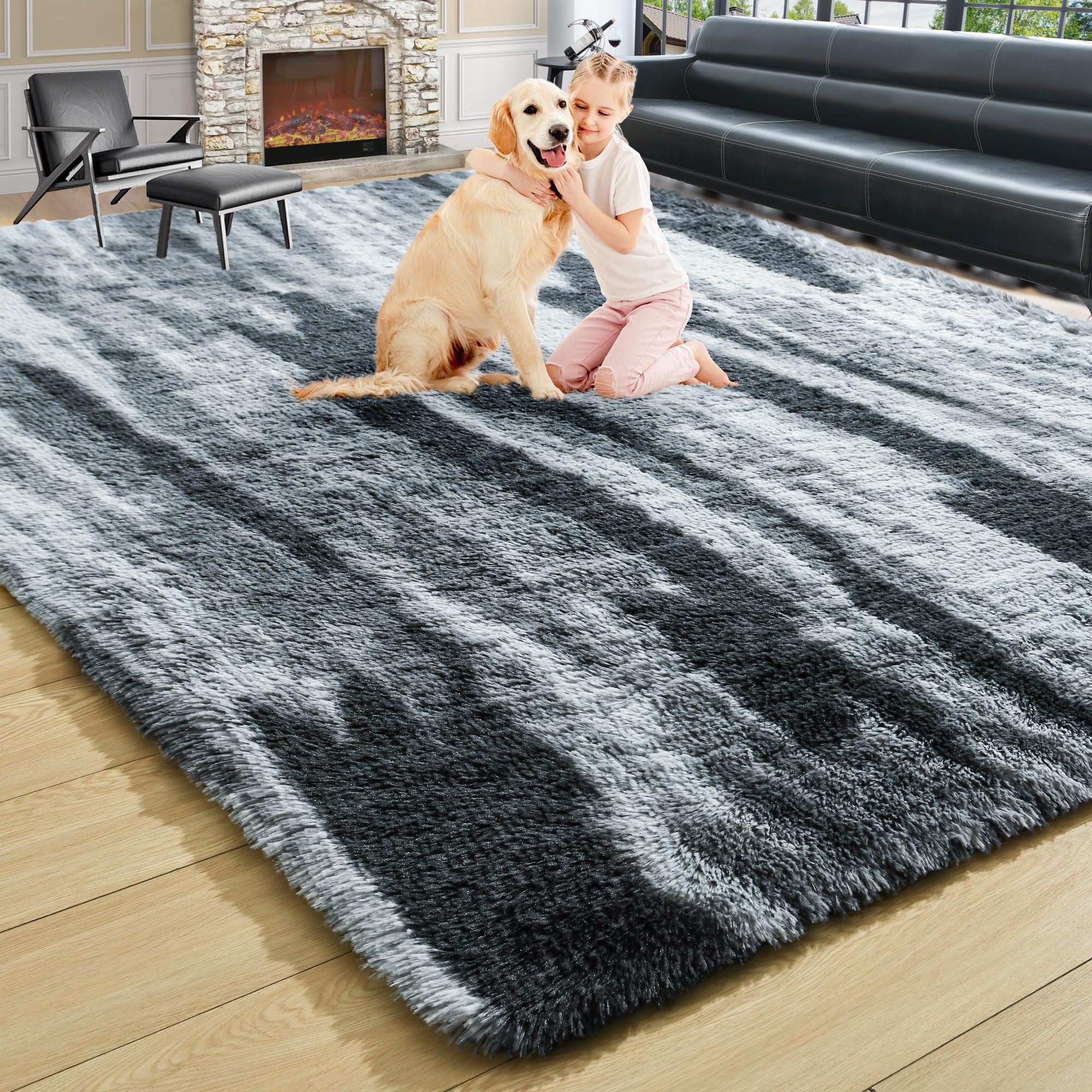 8x10 Extra Large Green Area Rug for Living Room Bedroom Dining Room, Fluffy Shag Soft Plush Furry Carpet Solid Color, Non-Slip Indoor Floor Mat for Kids Home Decor