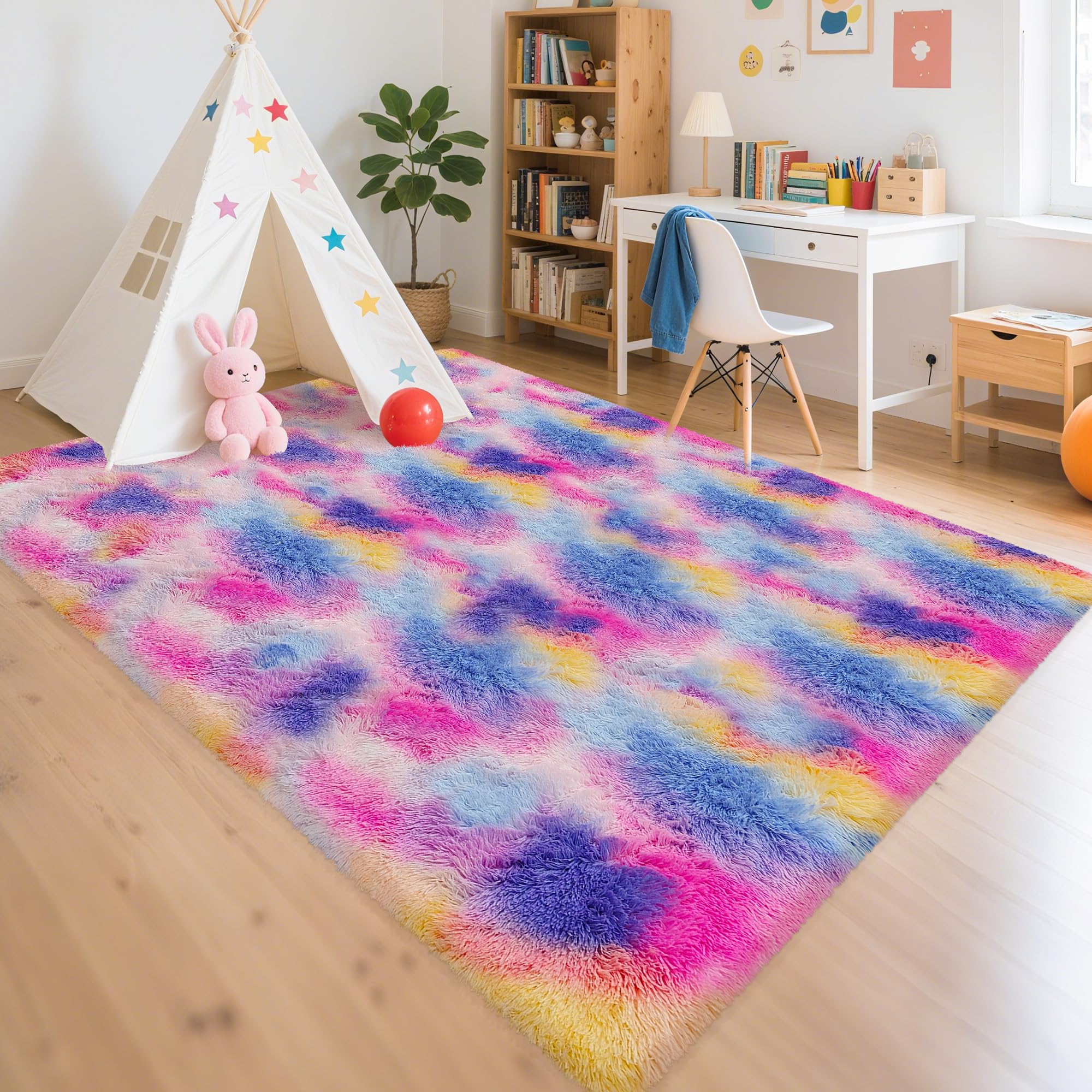5x8 Ft Light Grey Large Area Rugs for Bedroom,Fluffy Furry Rug Floor Carpets Shaggy Playing Mat for Kids Baby Girls Room Nursery Home Decor Tie Dyed Gray Thick Rugs Fuzzy Home Decor